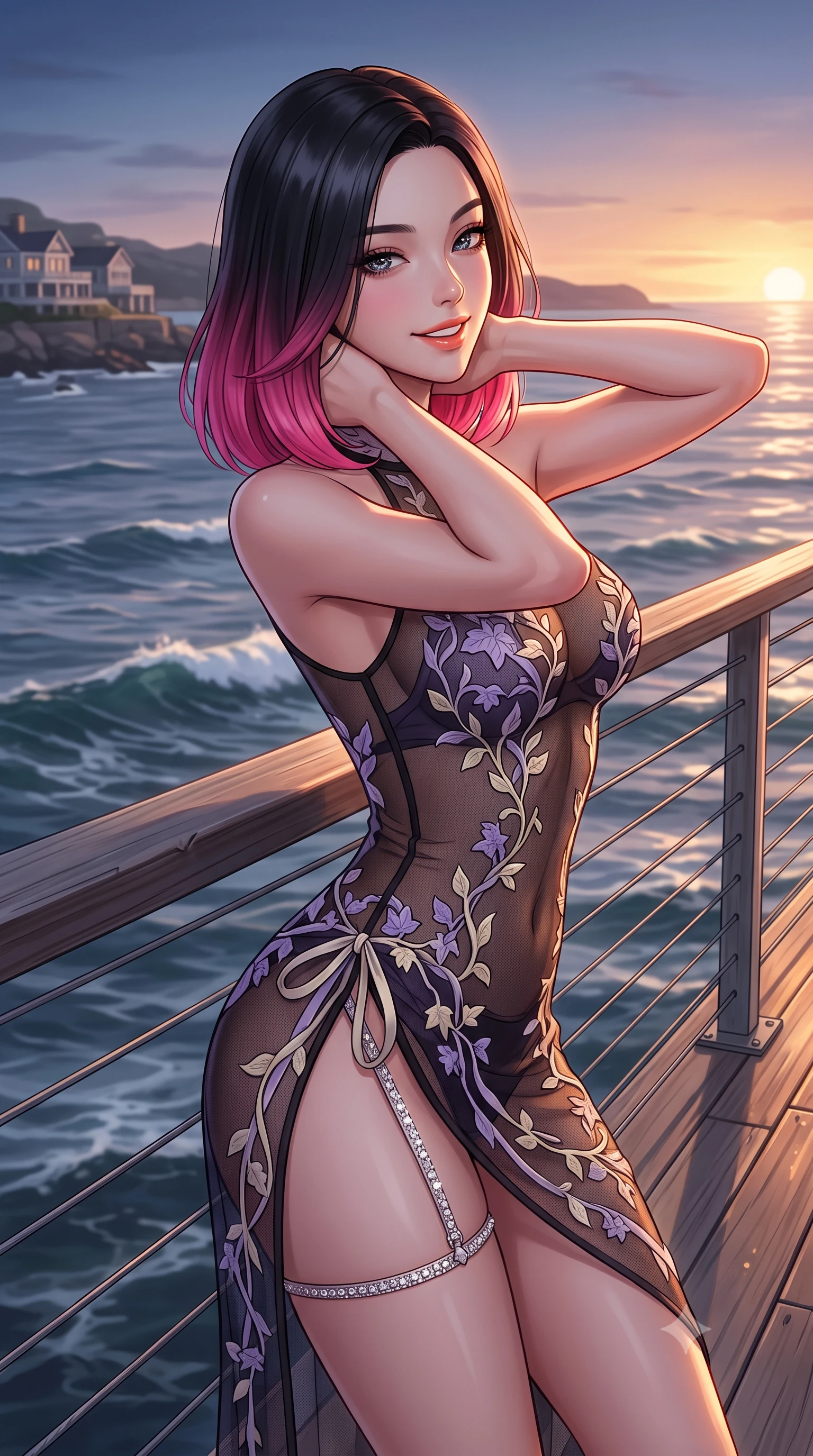 score_9, masterpiece, best quality, ultra-detailed, high-budget anime keyframe, semi-realistic 3D game render, editorial fashion photography, tasteful artistic composition, Korean woman. close-up cowboy shot from the waist and thighs up, the character dominates the composition, filling the frame with her large presence. resting both hands lightly behind her neck with elbows raised, arching her spine to highlight her narrow waist, flat midriff, and breathtaking collarbones while leaning against the nautical wire balustrade with hips cocked back, looking out over rolling Atlantic swells with heavy-lidded bedroom-eyes. The surrounding environment is rendered in vivid detail and crisp panoramic clarity: detailed outfit silhouette, fabric cling or tailoring, and coastal architecture in high resolution. She has an exceptionally elegant, slender, and willowy female figure with an ultra-slim waist, flat toned midriff, narrow ribcage, and sculpted feminine hips creating an alluring, slim hourglass silhouette without bulk. sharp v-shaped jawline, high-bridge nose, intricate jewel-like sparkling eyes with depth, thick eyelashes, glossy parted lips with a natural peach sheen, bright cheerful beaming smile with an enchanting and coquettish sensual glint, exuding both youthful cute charm and seductive allure, flawlessly proportioned anatomical accuracy, strict slender model proportions, natural body alignment, perfectly sculpted long slender limbs, ultra-slim waistline, clean dynamic posture without body distortion. wearing a provocative sheer noir illusion mesh cocktail dress with embroidered climbing ivy ribbons contouring her curves in Luberon lavender purple and Provençal limestone cream, woven from fine semi-opaque stretch illusion mesh tracing her slender contours, finished with delicate crystal-encrusted thigh garter straps glinting in the dim light, the high-slit wrap tailoring accentuating her ultra-slim waistline and the enchanting curve of her feminine hips with alluring seductive charm. illuminated by deck wood reflection bounce and sharp copper-gold rim lights sculpting her jawline, narrow waist, and curvy hips. highly saturated vibrant anime colors, detailed shading with soft gradients, rich glossy textures, high-contrast stereoscopic depth, volumetric dynamic lighting, master piece, 9:16 ratio
