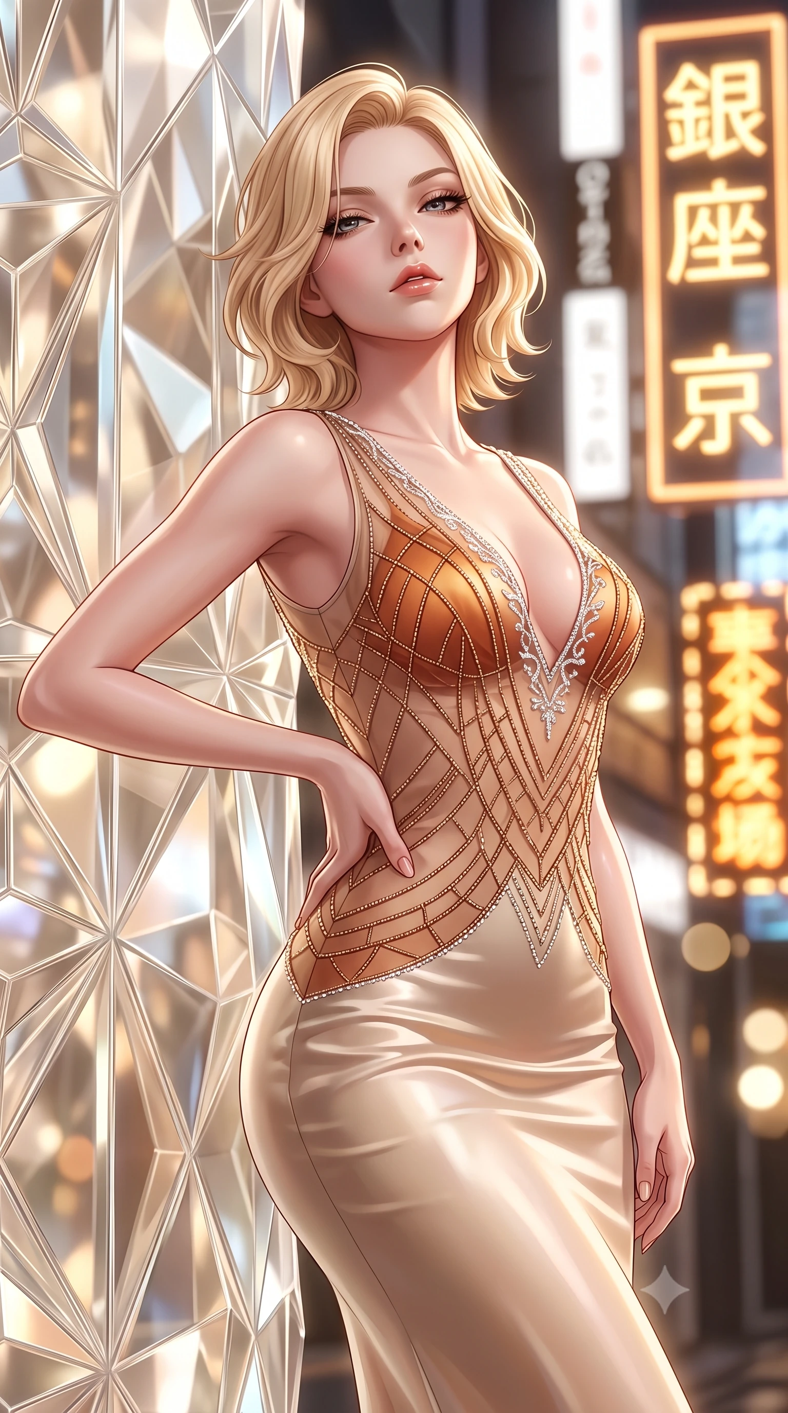 score_9, masterpiece, best quality, ultra-detailed, high-budget anime keyframe, semi-realistic 3D game render, editorial fashion photography, tasteful artistic composition, Caucasian woman. close-up cowboy shot from the waist and thighs up, the character dominates the composition, filling the frame with her large presence. tilting her chin up with proud, sovereign allure while gazing through thick eyelashes, one hand resting on her waist in pure supermodel charisma while leaning against a multi-faceted crystalline glass pillar inspired by origami folds, arching her lower back with high-fashion sovereign poise. The composition keeps background elements in soft focus with creamy bokeh. intricate geometric origami glass facets and glittering Ginza boulevard neon signs blurred into champagne, diamond-white, and electric amber bokeh. She has an exceptionally elegant, slender, and willowy female figure with an ultra-slim waist, flat toned midriff, narrow ribcage, and sculpted feminine hips creating an alluring, slim hourglass silhouette without bulk. sharp v-shaped jawline, high-bridge nose, intricate jewel-like eyes with depth, thick eyelashes, glossy parted lips with a natural sheen, intensely captivating and seductive bedroom-eyes expression, flawlessly proportioned anatomical accuracy, strict slender model proportions, natural body alignment, perfectly sculpted long slender limbs, ultra-slim waistline, clean dynamic posture without body distortion. wearing a sheer vintage mesh flapper dress adorned with intricate geometric beadwork over an opaque silk slip in molten desert gold and burnt terracotta, tailored from ultra-smooth duchess satin with a pearlescent sheen, finished with delicate crystal frost embroidery tracing the plunging neckline, the glove-like aerodynamic silhouette tightly following the natural contour of her hips and long slender legs with statuesque 8.5-heads elegance. bathed in pure, diffused designer architectural lighting and vibrant Tokyo street neon reflections. highly saturated vibrant anime colors, detailed shading with soft gradients, rich glossy textures, high-contrast stereoscopic depth, volumetric dynamic lighting, master piece, 9:16 ratio