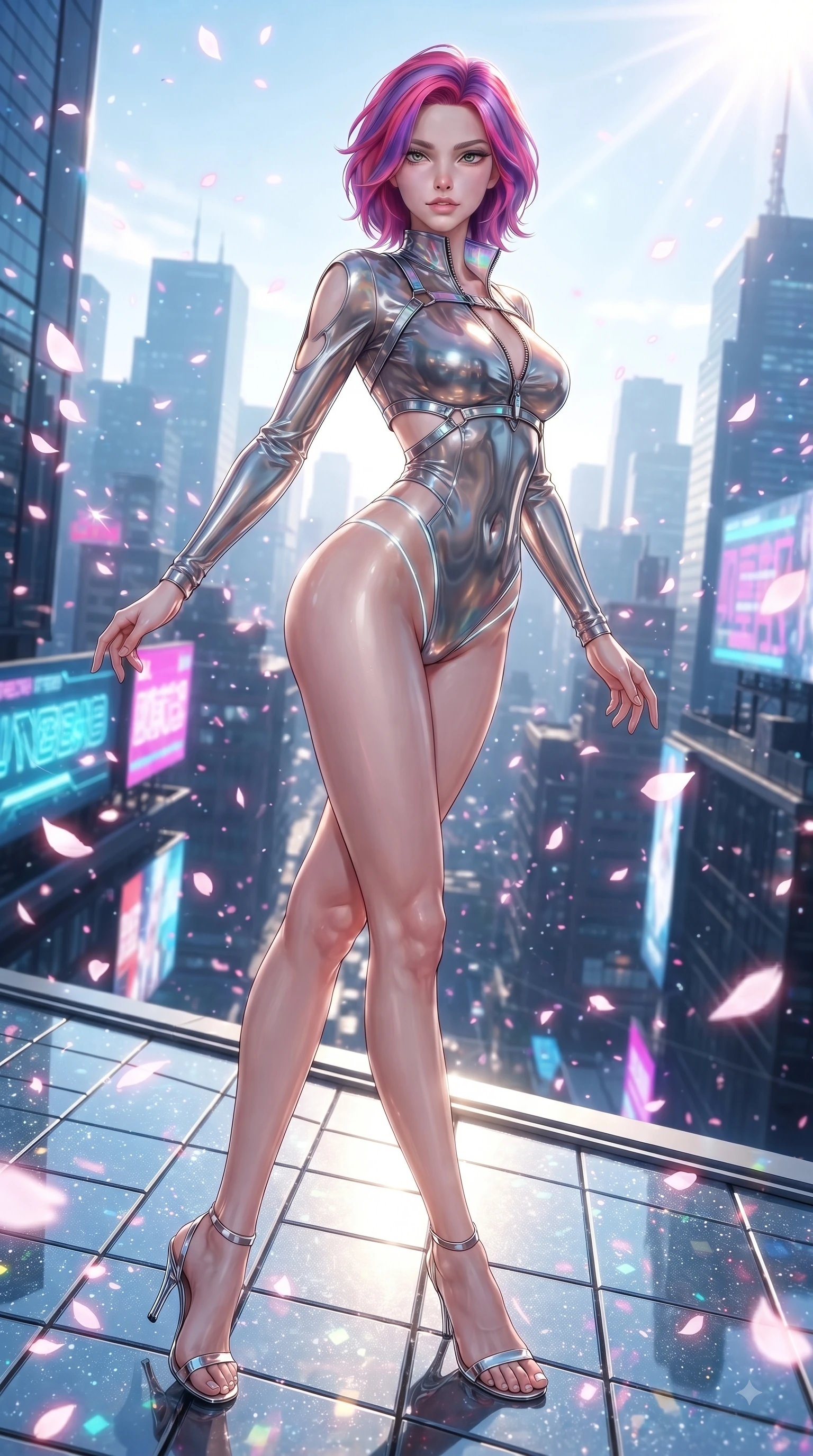 score_9, masterpiece, best quality, ultra-detailed, high-budget anime keyframe, editorial fashion photography, tasteful artistic composition, Caucasian woman. low angle full-body shot from head to toe showing her feet, filling the entire 9:16 vertical frame with her statuesque presence, stretching her vertical silhouette. pivoting dynamically in mid-motion with a breathtakingly alluring posture, displaying her flawless model proportions and ultra-slim waist while standing on the edge of a cyber skyscraper as cybernetic sakura petals blizzard around her in the wind. The surrounding environment is rendered in vivid detail and crisp panoramic clarity. glistening glass rooftop tiles, sharp neon billboard reflections, and glowing sakura petal edges in deep focus. She has an absolutely perfect, statuesque 8.5-heads proportion, an exceptionally tall and slender model-like female figure with impossibly long slender legs and an ultra-slim waist. sharp v-shaped jawline, high-bridge nose, intricate jewel-like eyes with depth, thick eyelashes, glossy lips with a natural sheen, flawlessly proportioned anatomical accuracy, natural body alignment, perfectly sculpted elegant limbs, clean dynamic posture without body distortion. wearing a form-fitting top made of molten liquid-mercury fabric that clings to her curves, with strategic tear-drop shoulder cutouts and a dangerously unzipped front collar in translucent smoky quartz and iridescent holographic sheen, made of liquid metal jersey that clings flawlessly to every contour of her build, reinforced by a sleek metallic chrome harness and delicate glowing micro-straps, the daring cutouts accentuating her delicate midriff, graceful collarbones, and feminine contour. bathed in brilliant morning sunlight and sharp sun rays reflecting off distant glass skyscrapers. ultra-reflective glossy finish, specular highlights, metallic sheen, high-contrast stereoscopic depth, volumetric dynamic lighting, 2k, ultra detail, master piece, 9:16 ratio