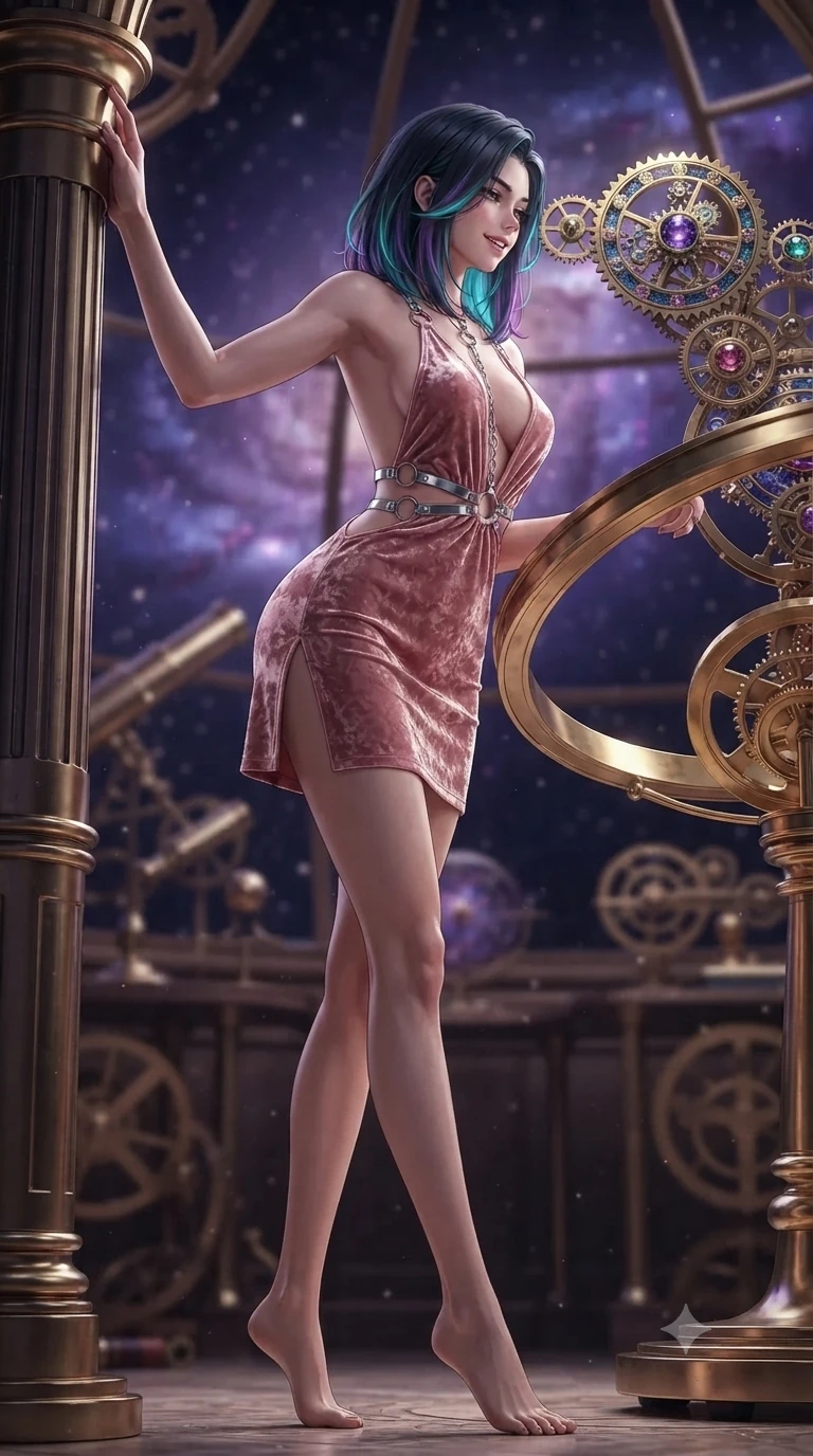 score_9, masterpiece, best quality, ultra-detailed, high-budget anime keyframe, editorial fashion photography, tasteful artistic composition, Caucasian woman. low angle full-body shot from head to toe showing her feet, filling the entire 9:16 vertical frame with her statuesque presence, stretching her vertical silhouette. standing tall beside the architectural column, one hand resting high while arching her lower back to emphasize her sculpted feminine hips and slender waist while leaning against the polished brass equatorial ring with hips cocked back, looking through celestial gear trains at the purple galaxy nebula with heavy-lidded bedroom-eyes. The background shows a soft-focus cosmic particulate glow softened in celestial astrolabe observatory shallow focus. She has an exceptionally tall and slender model-like 8.5-heads proportion, an ultra-slim waist, a flat toned midriff, narrow delicate ribcage, and beautifully sculpted feminine hips creating a graceful, slim hourglass silhouette without any bulky heaviness, with impossibly long slender legs. sharp v-shaped jawline, high-bridge nose, intricate jewel-like sparkling eyes with depth, thick eyelashes, glossy parted lips with a natural peach sheen, bright cheerful beaming smile with an enchanting and coquettish sensual glint, exuding both youthful cute charm and seductive allure, flawlessly proportioned anatomical accuracy, strict slender model proportions, natural body alignment, perfectly sculpted long slender limbs, ultra-slim waistline, clean dynamic posture without body distortion. wearing a backless crushed velvet mini dress with a deep plunging neckline and hip-high thigh slit in rose-quartz blush and burnished copper, adorned with delicate chrome ring hardware and cutouts along her slender waist, accented with a chrome-drop body harness subtly framing her dewy collarbones and spine, the liquid-tight tailored fabric clinging flawlessly to her narrow waist and rounded feminine hips, emphasizing every millimeter of her sculpted slim hourglass curves without any bulky heaviness. illuminated by polished brass reflection bounce and sharp starlight-gold rim lights defining her razor-sharp jawline, narrow waist, and curvy hips. ultra-reflective glossy finish, specular highlights, rich textural contrasts, high-contrast stereoscopic depth, volumetric dynamic lighting, 2k, ultra detail, master piece, 9:16 ratio