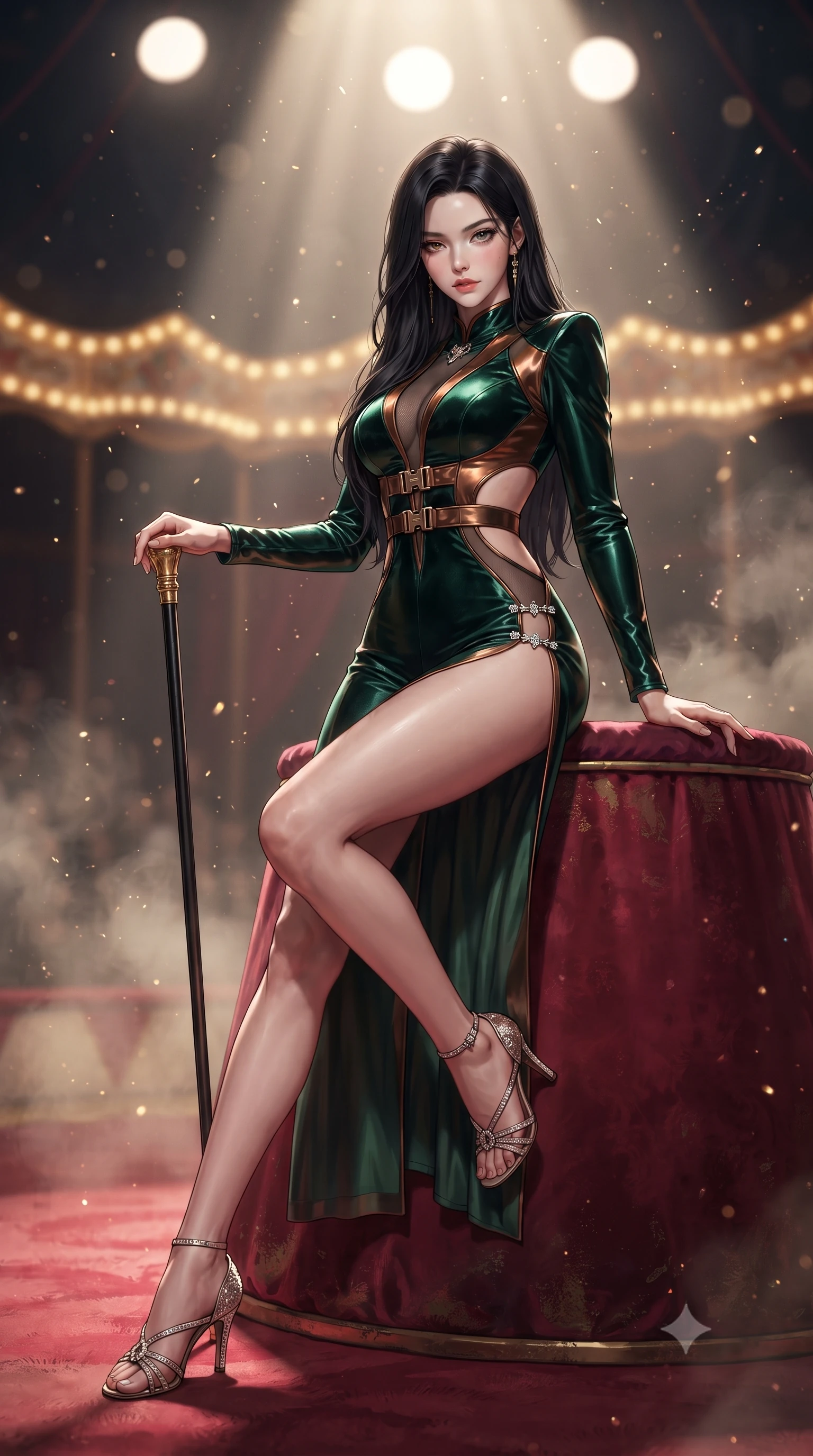 score_9, masterpiece, best quality, ultra-detailed, high-budget anime keyframe, editorial fashion photography, tasteful artistic composition, Korean woman. low angle full-body shot from head to toe showing her feet, filling the entire 9:16 vertical frame with her statuesque presence, stretching her vertical silhouette. sitting perched on the elevated edge with hips angled toward the camera and legs crossed, displaying her toned midriff and flawlessly sculpted slender limbs while leaning against a crimson circus ringmaster podium with hips cocked back, holding a gold-tipped cane while locking smoldering eyes with the lens. The composition keeps background elements in soft focus with creamy bokeh. drifting stage haze and floating glitter particles catching spotlight rays across the arena. She has an absolutely perfect, statuesque 8.5-heads proportion, an exceptionally tall and slender model-like female figure with impossibly long slender legs, a toned flat midriff, an ultra-slim waist, and beautifully sculpted feminine hips. sharp v-shaped jawline, high-bridge nose, intricate jewel-like eyes with depth, thick eyelashes, glossy parted lips with a natural sheen, intensely captivating and seductive bedroom-eyes expression, flawlessly proportioned anatomical accuracy, strict slender model proportions, natural body alignment, perfectly sculpted long slender limbs, ultra-slim waistline, clean dynamic posture without body distortion. wearing a high-collar velvet speedsuit featuring bold side cutouts and quick-release brass buckles in deep emerald green and liquid bronze, made of stretchy athletic knit with sheer mesh cutout inserts, finished with an ultra-high side slit secured by miniature jeweled clasps, the liquid-tight tailored fabric clinging flawlessly to her narrow waist and rounded feminine hips, emphasizing every millimeter of her sculpted hourglass curves during movement. bathed in dramatic overhead circular spotlight beams and warm golden carousel perimeter glow. ultra-reflective glossy finish, specular highlights, rich textural contrasts, high-contrast stereoscopic depth, volumetric dynamic lighting, 2k, ultra detail, master piece, 9:16 ratio
