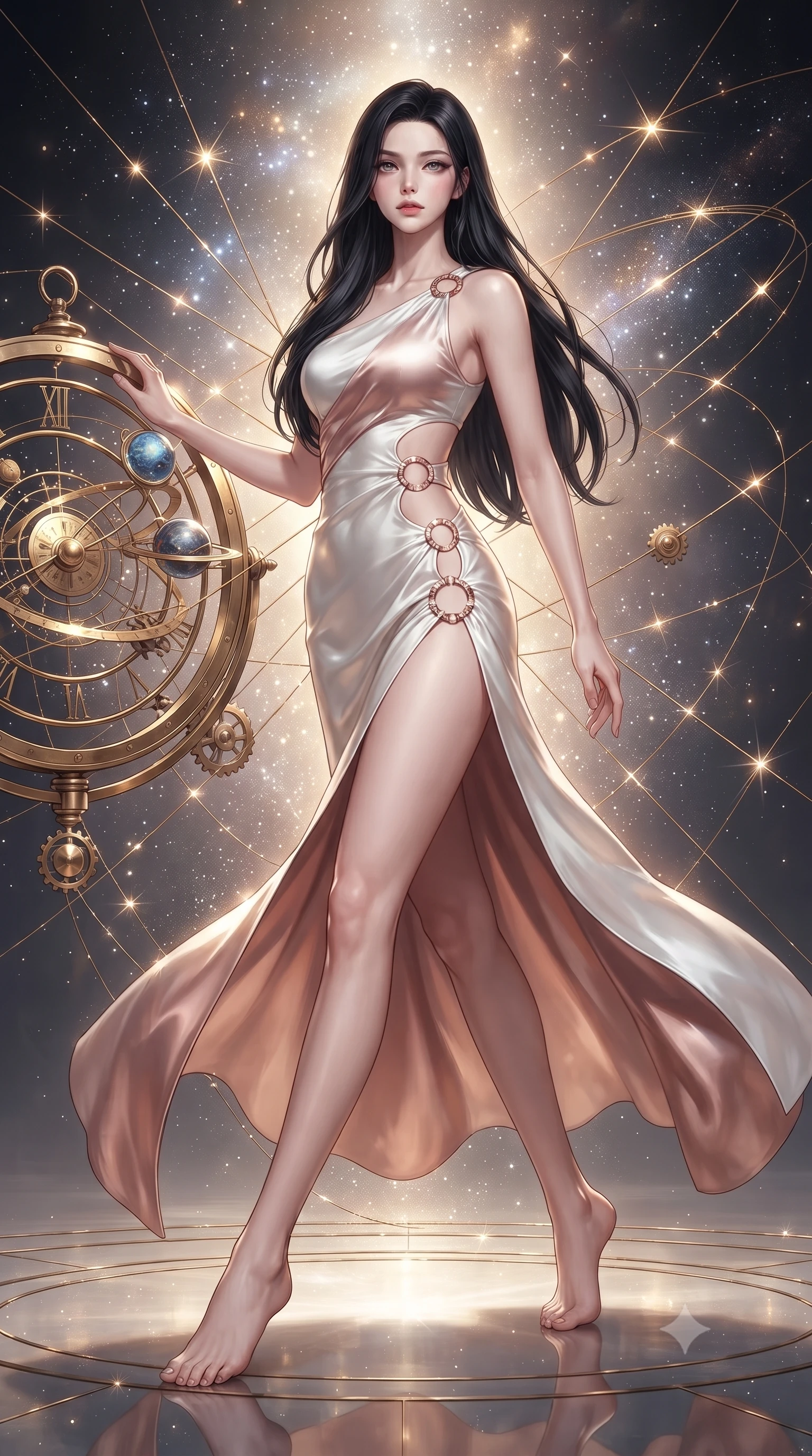 score_9, masterpiece, best quality, ultra-detailed, high-budget anime keyframe, editorial fashion photography, tasteful artistic composition, Korean woman. low angle full-body shot from head to toe showing her feet, filling the entire 9:16 vertical frame with her statuesque presence, stretching her vertical silhouette. stepping gracefully through the radiant environment, stretching her statuesque silhouette, resting against a golden celestial compass surrounded by floating planetary dials, metallic golden thread lines glittering with sharp specular highlights. She has an absolutely perfect, statuesque 8.5-heads proportion, an exceptionally tall and slender model-like female figure with impossibly long slender legs and an ultra-slim waist. sharp v-shaped jawline, high-bridge nose, intricate jewel-like eyes with depth, thick eyelashes, glossy lips with a natural sheen. wearing draped white silk gown featuring graceful waist cutouts and thigh slit in soft blush pink, made of soft rose-gold satin, trimmed with rose-gold ring hardware along the waist contours, highlighting her statuesque proportions and ultra-slim waistline. surrounded by a glowing aura of starlight and shimmering celestial dust. ultra-reflective glossy finish, specular highlights, metallic sheen, high-contrast stereoscopic depth, volumetric dynamic lighting, 2k, ultra detail, master piece, 9:16 ratio