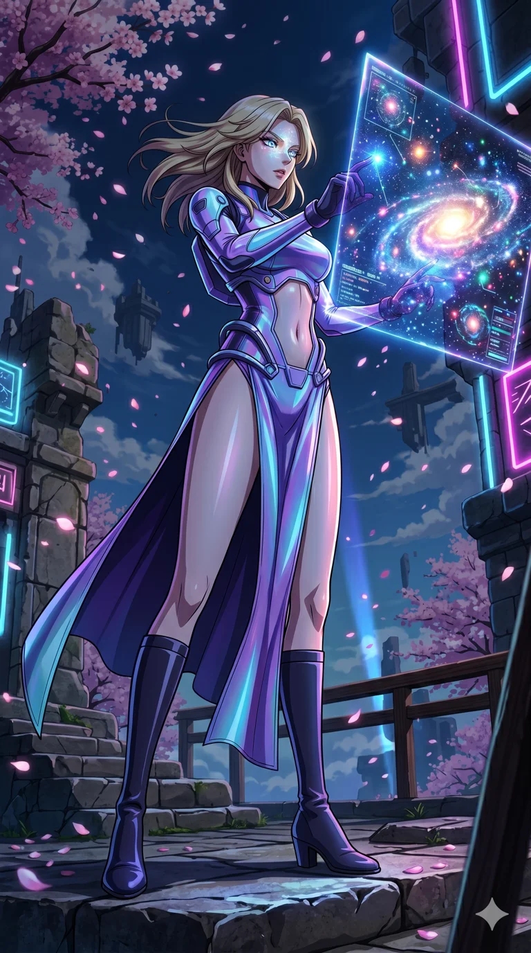 score_9, masterpiece, best quality, ultra-detailed, High-budget Anime Keyframe, vibrant colors, fluid line-art, expressive lighting, cinematic composition, Ufotable-style visual effects, top-tier animation quality, Caucasian woman with pale skin, blonde hair, and (strictly human ears). Cinematic low angle perspective showcasing her towering height and perfect 8-heads proportion. Scanning a massive 3D holographic map of the entire galaxy, her eyes reflecting the glow of thousands of stars. She has an absolutely perfect 8-heads proportion, an exceptionally tall and slender female figure with impossibly long slender legs and an ultra-slim waist, her statuesque height and towering silhouette dominating the vertical 9:16 frame. Her face is a masterpiece featuring a sharp v-shaped jawline, high-bridge nose, intricate jewel-like eyes with depth, thick eyelashes, and glossy lips with a natural sheen. She is wearing a Futuristic pilot suit with an exposed midriff and a high-cut structural frame crafted from Iridescent vinyl with a futuristic sheen that shifts between violet and cyan, with a dangerous high slit that showcases her impossibly long slender legs. The scene is set in an ancient floating island with pink cherry blossoms falling like snow against a blue sky, illuminated by harsh neon light and deep shadows creating a high-contrast noir aesthetic. 2k, ultra detail, master piece, 9:16 ratio