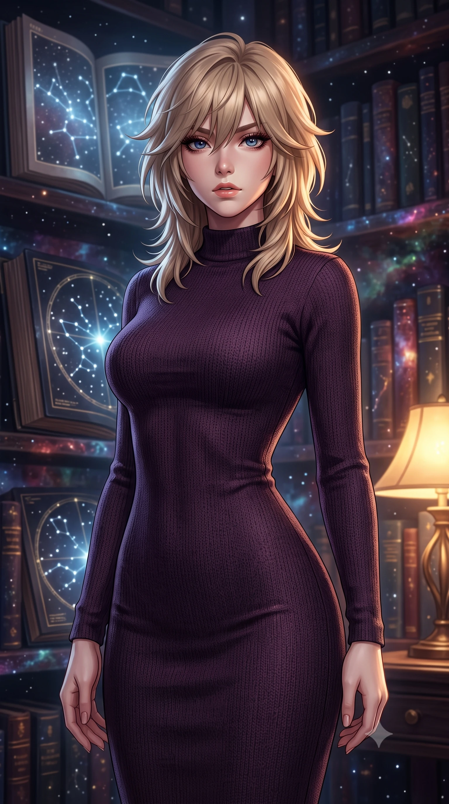 score_9, masterpiece, best quality, ultra-detailed, high-budget anime keyframe, editorial fashion photography, tasteful artistic composition, Japanese woman. close-up cowboy shot from the waist and thighs up, the character dominates the composition, filling the frame with her large presence, background elements kept in soft focus. Looking directly at the camera with a bold fearless expression and parted lips. set against a soft-focus background of an impossible library where living star charts serve as pages in books of dark matter the constellation figures physically moving along bookshelves made of compressed starlight and nebula dust. She has an exceptionally elegant and slender, willowy female figure with an ultra-slim waist, a gracefully sculpted slender torso, and a refined slim physique. sharp v-shaped jawline, high-bridge nose, intricate jewel-like eyes with depth, thick eyelashes, glossy lips with a natural sheen. wearing a sleek mock-neck bodycon midi dress in a deep aubergine knit, contouring her willowy torso. soft cool starlight glow from the living constellation charts combined with warm golden reading-lamp ambiance creating a scholarly celestial atmosphere. 2k, ultra detail, master piece, 9:16 ratio