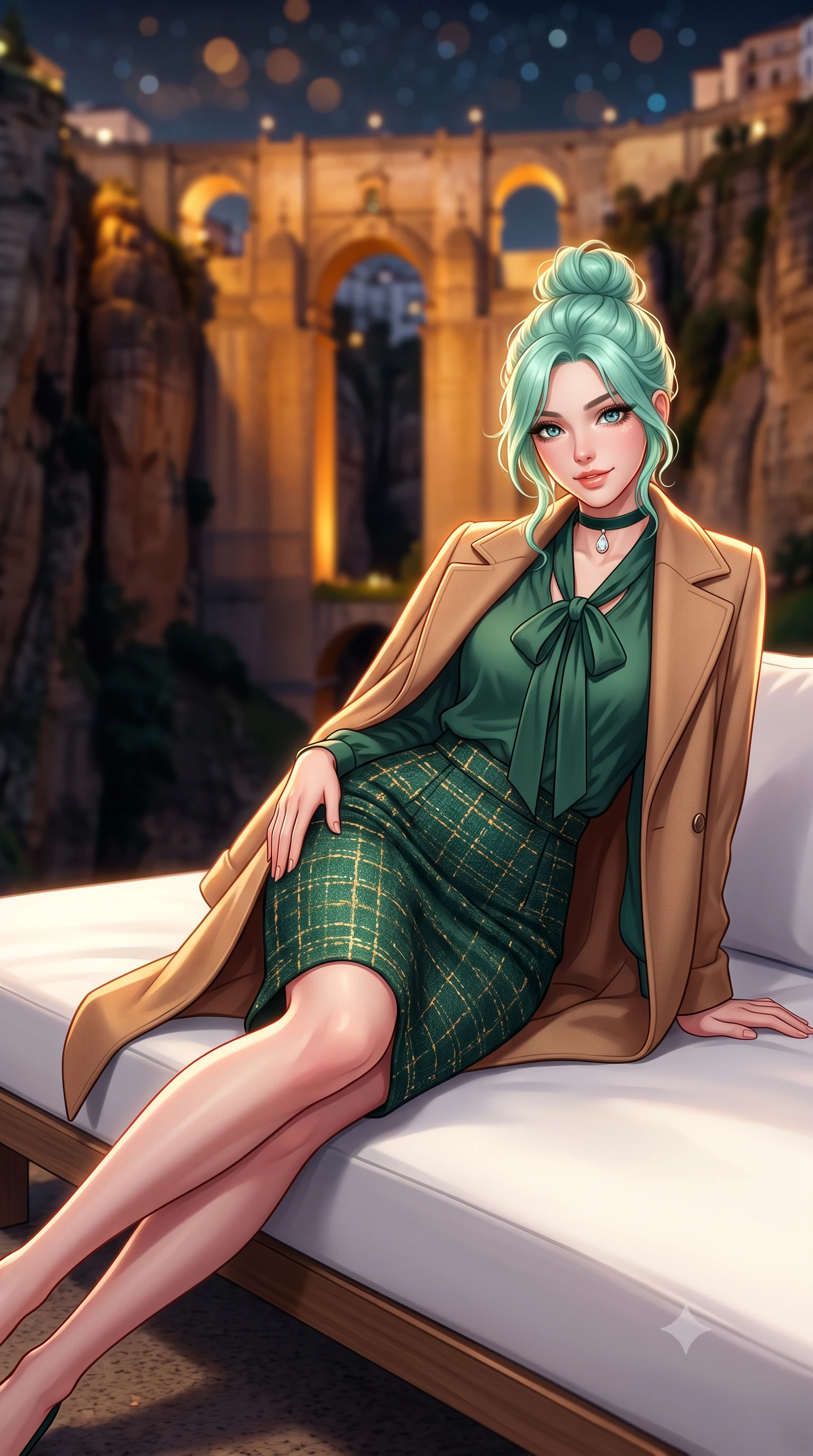 score_9, masterpiece, best quality, ultra-detailed, high-budget anime keyframe, semi-realistic 3D game render, editorial fashion photography, tasteful artistic composition, Japanese woman. close-up cowboy shot from the waist and thighs up, the character dominates the composition, filling the frame with her large presence. tilting her head with a teasing half-smile, running one hand slowly down the side of her hip in a flirtatious S-curve as ambient light caresses her silhouette while lounging in the modern white daybed propped on one elbow with legs extended, displaying her long slender limbs and statuesque hourglass silhouette against the gorge. The background shows a soft-focus monumental illuminated stone arches of the Puente Nuevo spanning the dark abyss, sheer vertical limestone cliffs, and starry Andalusian sky blurred into amber, slate, and sapphire bokeh. She has an exceptionally elegant, slender, and willowy female figure with an ultra-slim waist, flat toned midriff, narrow ribcage, and sculpted feminine hips creating an alluring, slim hourglass silhouette without bulk. sharp v-shaped jawline, high-bridge nose, intricate jewel-like sparkling eyes with depth, thick eyelashes, glossy parted lips with a natural peach sheen, bright cheerful beaming smile with an enchanting and coquettish sensual glint, exuding both youthful cute charm and seductive allure, flawlessly proportioned anatomical accuracy, strict slender model proportions, natural body alignment, perfectly sculpted long slender limbs, ultra-slim waistline, clean dynamic posture without body distortion. wearing a tailored double-faced camel cashmere wrap coat draped over a silk georgette bow-tie blouse and pencil skirt in Bavarian alpine spruce green and Neuschwanstein gilded gold, woven from structured British tweed with subtle metallic flecks, finished with a thin velvet ribbon choker and a single teardrop diamond pendant, the bespoke structured tailoring following the natural line of her 8.5-heads silhouette with refined elegance. illuminated by stone deck bounce and sharp copper-gold rim lights sculpting her jawline, narrow waist, and curvy hips. highly saturated vibrant anime colors, detailed shading with soft gradients, rich glossy textures, high-contrast stereoscopic depth, volumetric dynamic lighting, master piece, 9:16 ratio