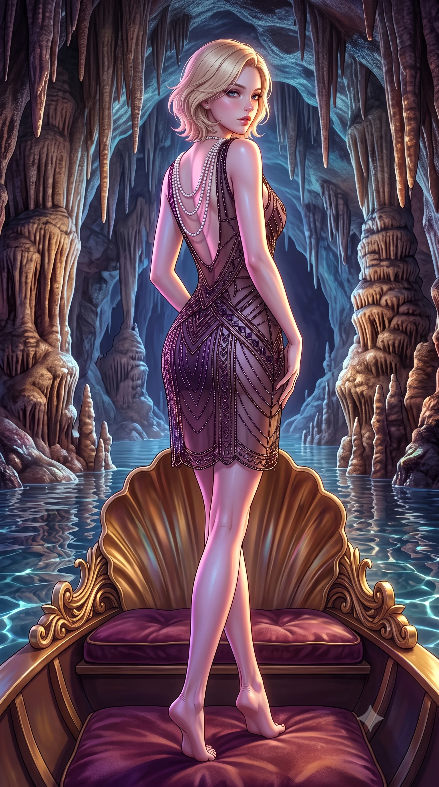 score_9, masterpiece, best quality, ultra-detailed, high-budget anime keyframe, semi-realistic 3D game render, editorial fashion photography, tasteful artistic composition, Caucasian woman. low angle full-body shot from head to toe showing her feet, filling the entire 9:16 vertical frame with her statuesque presence, stretching her vertical silhouette. posing with back turned slightly to the lens, glancing back with smoldering allure as she arches her lower back to emphasize her sculpted feminine hips and slender waist while sitting poised on the velvet cushions of the gilded shell barge with legs crossed, her long slender legs and narrow waist glowing in vibrant colored cave lights. The surrounding environment is rendered in vivid detail and crisp panoramic clarity. sharp carved gilded shell boat flourishes, artificial stalactite textures, and cave water surface tension in deep focus. She has an exceptionally tall and slender model-like 8.5-heads proportion, an ultra-slim waist, a flat toned midriff, narrow delicate ribcage, and beautifully sculpted feminine hips creating a graceful, slim hourglass silhouette without any bulky heaviness, with impossibly long slender legs. sharp v-shaped jawline, high-bridge nose, intricate jewel-like eyes with depth, thick eyelashes, glossy parted lips with a natural sheen, intensely captivating and seductive bedroom-eyes expression, flawlessly proportioned anatomical accuracy, strict slender model proportions, natural body alignment, perfectly sculpted long slender limbs, ultra-slim waistline, clean dynamic posture without body distortion. wearing a sheer vintage mesh flapper dress adorned with intricate geometric beadwork over an opaque silk slip in deep plum violet and antique bronze, tailored from ultra-smooth duchess satin with a pearlescent sheen, accented with a multi-strand pearl back necklace cascading down her bare spine to her hips, the liquid-tight tailored fabric clinging flawlessly to her narrow waist and rounded feminine hips, emphasizing every millimeter of her sculpted slim hourglass curves without any bulky heaviness. illuminated by shimmering pool water caustics sharply sculpting her razor-sharp jawline, narrow waist, and curvy hips. highly saturated vibrant anime colors, detailed shading with soft gradients, rich glossy textures, high-contrast stereoscopic depth, volumetric dynamic lighting, master piece, 9:16 ratio
