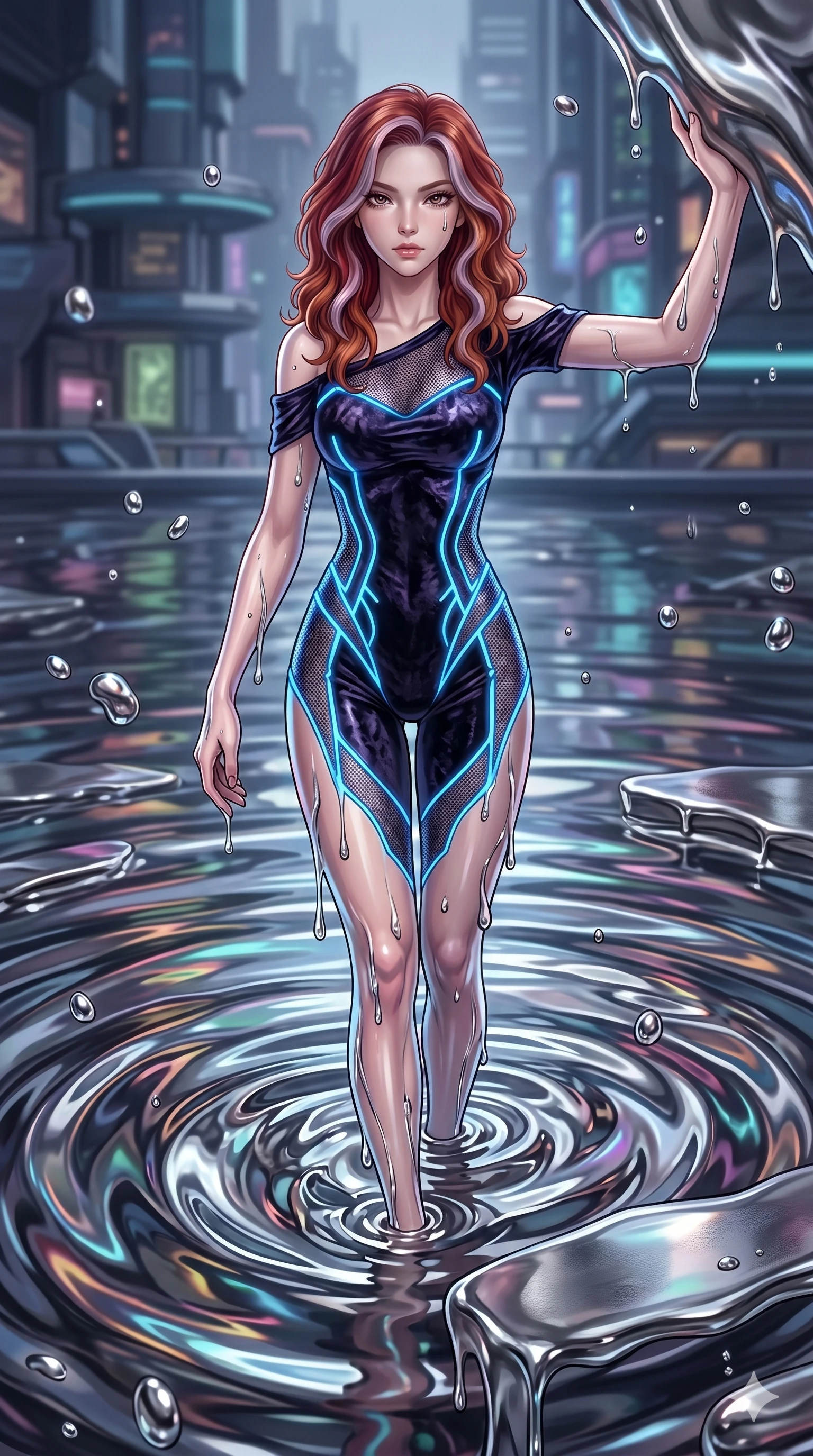 score_9, masterpiece, best quality, ultra-detailed, High-budget Anime Keyframe, East Asian woman. Dynamic full-body shot stretching the vertical silhouette to the limit. Scenario 44: Rising from a pool of mercury-like liquid, droplets rolling off her skin. Her presence is magnetic and overpowering in this high-budget anime scene. Outfit 44: A crushed dark velvet micro-mesh with a low-cut shoulder and glowing LED seams. The clothing is designed to emphasize her exceptionally tall and slender 8-heads proportion. 8-heads proportion, towering silhouette, ultra-slim waist. sharp v-shaped jawline, intricate jewel-like eyes with depth, thick eyelashes, glossy lips. 2k, ultra detail, master piece, 9:16 ratio