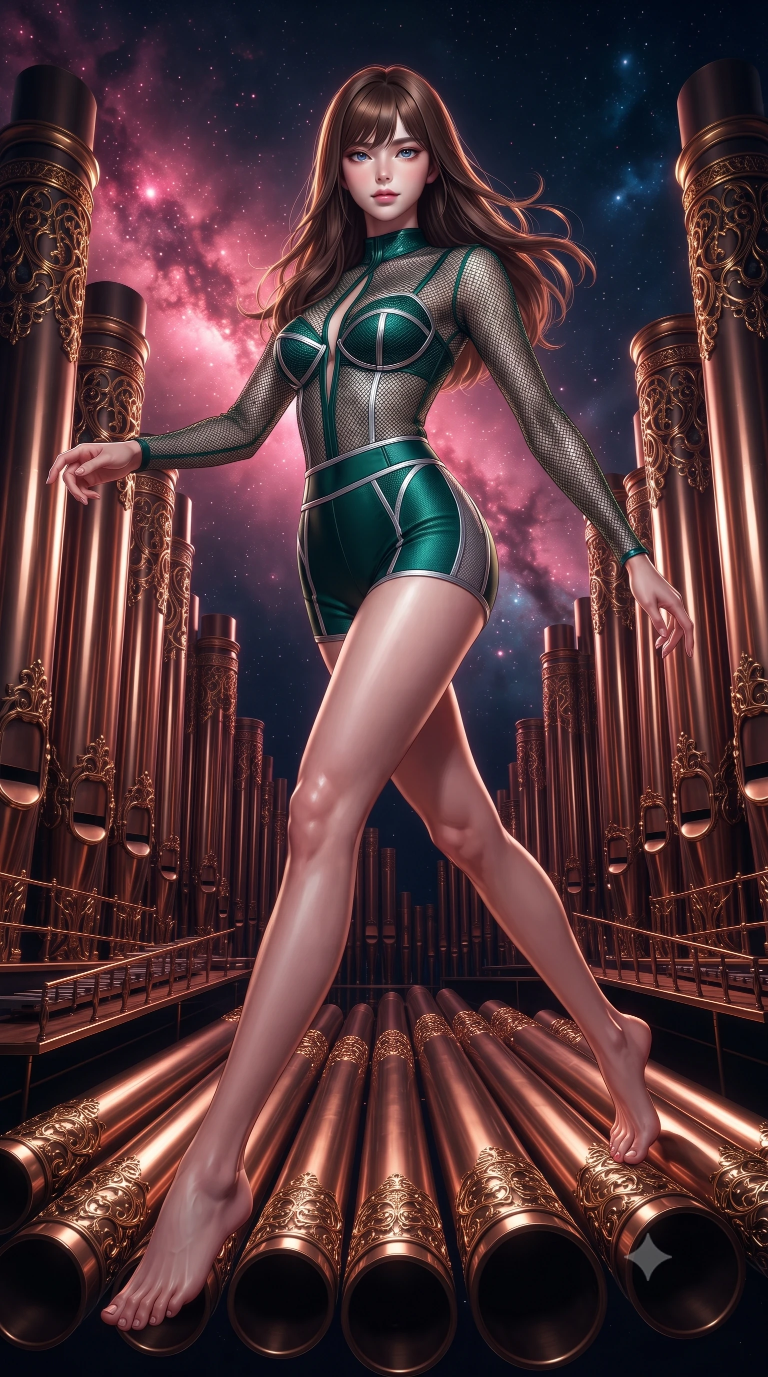 score_9, masterpiece, best quality, ultra-detailed, high-budget anime keyframe, editorial fashion photography, tasteful artistic composition, Korean woman. low angle full-body shot from head to toe showing her feet, filling the entire 9:16 vertical frame with her statuesque presence, stretching her vertical silhouette. stepping forward in a proud dynamic stride, her vertical silhouette filling the frame with statuesque presence while leaping gracefully across massive bronze pipe organ tubes suspended in deep space, golden filigree organ pipes casting intricate metallic reflections in mid-air. She has an absolutely perfect, statuesque 8.5-heads proportion, an exceptionally tall and slender model-like female figure with impossibly long slender legs and an ultra-slim waist. sharp v-shaped jawline, high-bridge nose, intricate jewel-like eyes with depth, thick eyelashes, glossy lips with a natural sheen, flawlessly proportioned anatomical accuracy, natural body alignment, perfectly sculpted elegant limbs, clean dynamic posture without body distortion. wearing a delicate see-through mesh top with structured cup boning and micro-shorts in deep emerald green and silver accent, formed from sleek second-skin neoprene, accented with a Tasteful chest slit framing her clavicle gracefully, the glove-like fit emphasizing her statuesque silhouette during motion. bathed in dramatic cosmic pink and navy nebula backlighting with gold key light. ultra-reflective glossy finish, specular highlights, metallic sheen, high-contrast stereoscopic depth, volumetric dynamic lighting, 2k, ultra detail, master piece, 9:16 ratio