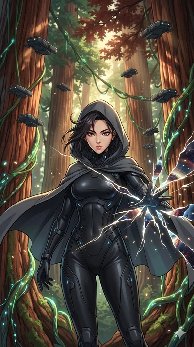 score_9, masterpiece, best quality, ultra-detailed, Set A: High-budget Anime Keyframe, Korean woman. Upper body close-up from the thighs up, character filling the screen for maximum presence. Theme: Primal Nature. shattering the fabric of reality in 