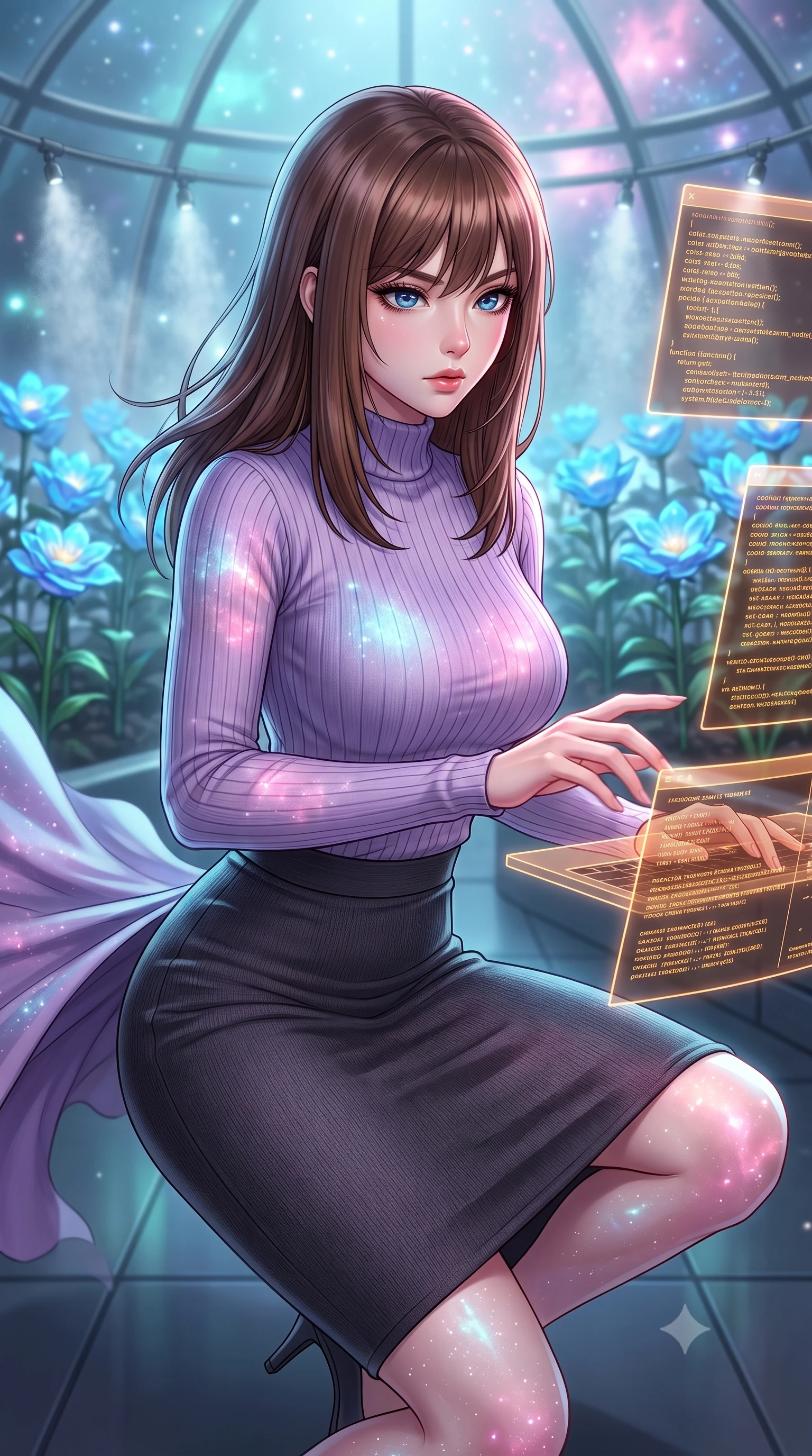 score_9, masterpiece, best quality, ultra-detailed, high-budget anime keyframe, editorial fashion photography, tasteful artistic composition, Korean woman. close-up cowboy shot from the waist and thighs up, the character dominates the composition, filling the frame with her large presence, background elements kept in soft focus. Hacking a security terminal in a low crouch, fingers moving in a blur as amber code screens surround her. set against a soft-focus background of a giant glass dome housing rows of genetically modified glowing blue flowers, mist spray nozzles hum in the air. She has an exceptionally elegant and slender, willowy female figure with an ultra-slim waist, a gracefully sculpted slender torso, and a refined slim physique. sharp v-shaped jawline, high-bridge nose, intricate jewel-like eyes with depth, thick eyelashes, glossy lips with a natural sheen. wearing the lightweight fabric rippling and billowing dramatically with her movement, a slim-fit high-neck ribbed knit top in lavender, paired with a matching form-fitting knit pencil skirt in deep charcoal. highly saturated vibrant anime colors, intense vivid color palette, soft 3D volumetric shading, volumetric dynamic lighting, starlight and nebula glow casting soft cosmic pink and cyan highlights on her form. 2k, ultra detail, master piece, 9:16 ratio