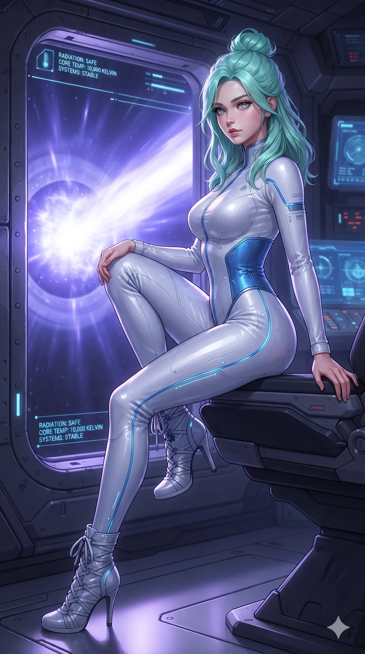score_9, masterpiece, best quality, ultra-detailed, high-budget anime keyframe, editorial fashion photography, tasteful artistic composition, Japanese woman. close-up cowboy shot from the waist and thighs up, the character dominates the composition, filling the frame with her large presence. perched sideways on the pilot seat, one knee drawn up to showcase her slender leg line while her arched back accentuates her feminine hip curve while standing poised on the panoramic observation gantry, arching her lower back with sovereign supermodel poise as a collimated relativistic plasma jet erupts from the singularity core. The surrounding environment is rendered in vivid detail and crisp panoramic clarity: sharp observation window frame rivets, glowing radiation meter readouts, and heavy hydraulic viewport shutters in deep focus. She has an exceptionally elegant, slender, and willowy female figure with an ultra-slim waist, flat toned midriff, narrow ribcage, and sculpted feminine hips creating an alluring, slim hourglass silhouette without bulk. sharp v-shaped jawline, high-bridge nose, intricate jewel-like sparkling eyes with depth, thick eyelashes, glossy parted lips with a natural sheen, bright confident smile with an enchanting and coquettish sensual glint, exuding both youthful magnetic charm and sovereign high-tech allure, flawlessly proportioned anatomical accuracy, strict slender model proportions, natural body alignment, perfectly sculpted long slender limbs, ultra-slim waistline, clean dynamic posture without body distortion. wearing a form-fitting zero-gravity EVA jumpsuit with an ultra-slim corseted waist and exposed clavicle line in arctic snowflake white and electric plasma blue, made of fluid liquid jersey with seamless sculpting hold and smooth contours, complemented by strappy stiletto combat boots with metallic ankle wraps accentuating her slender calves, the form-fitting tactical tailoring adhering flawlessly to her sculpted flat midriff and slender torso, emphasizing her long leg lines and perfectly proportioned willowy build. illuminated by window reflections and sharp violet-platinum rim lights sculpting her razor-sharp jawline, narrow waist, and curvy hips. ultra-reflective glossy finish, specular highlights, rich textural contrasts, high-contrast stereoscopic depth, volumetric dynamic lighting, 2k, ultra detail, master piece, 9:16 ratio