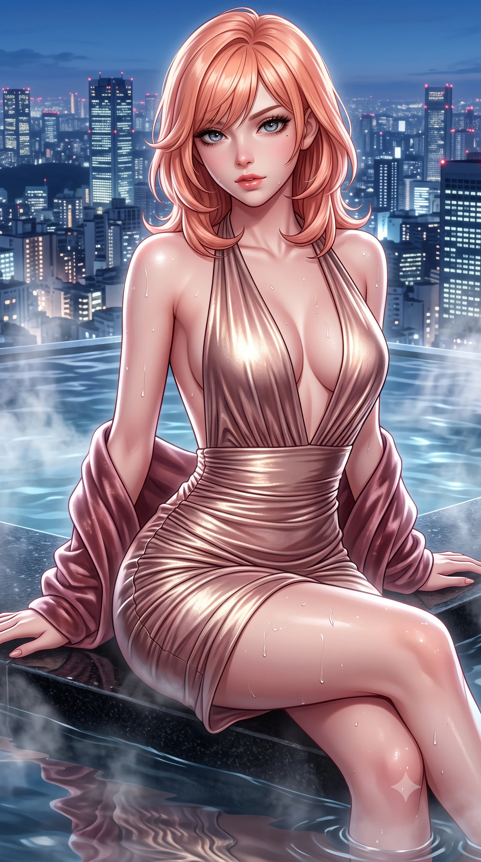 score_9, masterpiece, best quality, ultra-detailed, high-budget anime keyframe, semi-realistic 3D game render, editorial fashion photography, tasteful artistic composition, Japanese woman. close-up cowboy shot from the waist and thighs up, the character dominates the composition, filling the frame with her large presence. leaning back with relaxed seductive grace, her sculpted collarbones and narrow waist highlighted as she casts smoldering bedroom-eyes directly into the camera while sitting on the black granite submerged ledge of the rooftop infinity onsen, steam curling around her curved hips as she gazes out at the glittering Tokyo megalopolis. The surrounding environment is rendered in vivid detail and crisp panoramic clarity. detailed wet fabric drape, glistening skin beads, and Tokyo skyline grid clarity in high resolution. She has an exceptionally elegant, slender, and willowy female figure with an ultra-slim waist, flat toned midriff, narrow ribcage, and sculpted feminine hips creating an alluring, slim hourglass silhouette without bulk. sharp v-shaped jawline, high-bridge nose, intricate jewel-like eyes with depth, thick eyelashes, glossy parted lips with a natural sheen, intensely captivating and seductive bedroom-eyes expression, flawlessly proportioned anatomical accuracy, strict slender model proportions, natural body alignment, perfectly sculpted long slender limbs, ultra-slim waistline, clean dynamic posture without body distortion. wearing a plunging halter-neck metallic lamé column dress with a dramatic bare spine and hip-defining ruching in dusky blush rose and champagne shimmer, crafted from luxurious metallic lamé that shifts radiance with every step, complemented by a plush velvet shawl draped loosely over her elbows, the second-skin form-contouring cut accentuating her sculpted flat midriff, narrow delicate ribcage, and gracefully curvy hips with supermodel precision. illuminated by rising steam backlights and city glow softly contouring her razor-sharp jawline, narrow waist, and curvy hips. highly saturated vibrant anime colors, detailed shading with soft gradients, rich glossy textures, high-contrast stereoscopic depth, volumetric dynamic lighting, master piece, 9:16 ratio