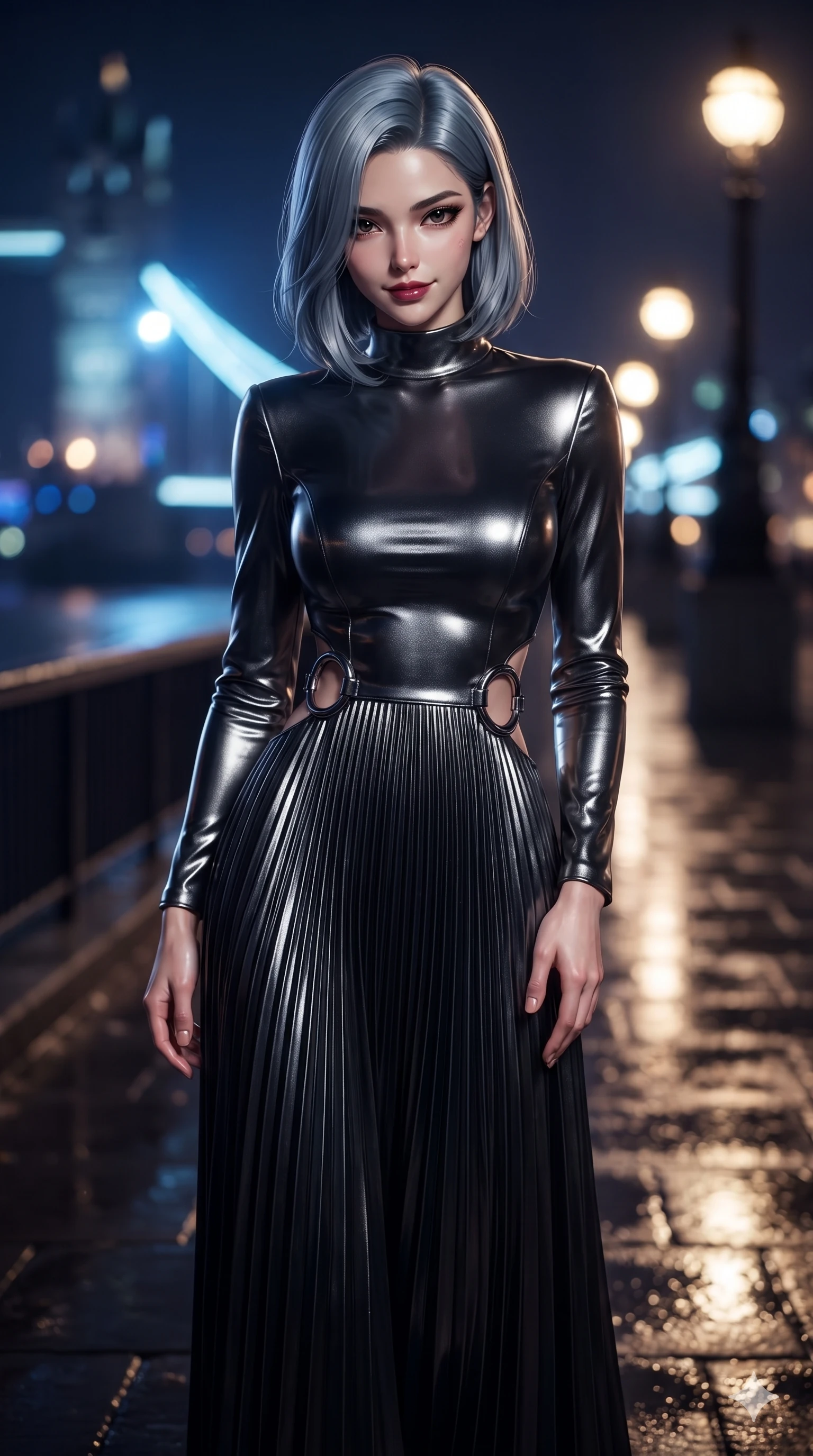 score_9, masterpiece, best quality, ultra-detailed, high-budget anime keyframe, editorial fashion photography, tasteful artistic composition, Korean woman. close-up cowboy shot from the waist and thighs up, the character dominates the composition, filling the frame with her large presence. tilting her head with a teasing half-smile, running one hand slowly down the side of her hip in a flirtatious S-curve as ambient neon caresses her silhouette while walking slowly along the wet Thames riverbank with hypnotic grace, hips swaying in an alluring sensual rhythm that accentuates her curvy hourglass silhouette. The background shows a soft-focus distant glowing Victorian streetlamps blurred into amber, cobalt, and slate bokeh. She has an exceptionally elegant, slender, and willowy female figure with an ultra-slim waist, flat toned midriff, narrow ribcage, and sculpted feminine hips creating an alluring, slim hourglass silhouette without bulk. sharp v-shaped jawline, high-bridge nose, intricate jewel-like dark sparkling eyes with dangerous depth, thick curled eyelashes, glossy parted lips with a rich wine sheen, smoldering seductive half-smile with bedroom-eyes, exuding effortless superiority and intoxicating dark allure, flawlessly proportioned anatomical accuracy, strict slender model proportions, natural body alignment, perfectly sculpted long slender limbs, ultra-slim waistline, clean dynamic posture without body distortion. wearing a refined long-sleeve velvet evening gown with high neckline and fluid pleated column skirt in metallic liquid silver and pitch black, tailored from fine lightweight midnight wool crepe with crisp architectural structure, accented with sculptural chrome hardware rings framing the subtle cutouts, the bespoke structured tailoring following the natural line of her 8.5-heads silhouette with refined elegance. bathed in cool ethereal cobalt bridge floodlights and warm golden promenade streetlights. ultra-reflective glossy finish, specular highlights, rich textural contrasts, high-contrast stereoscopic depth, volumetric dynamic lighting, 2k, ultra detail, master piece, 9:16 ratio