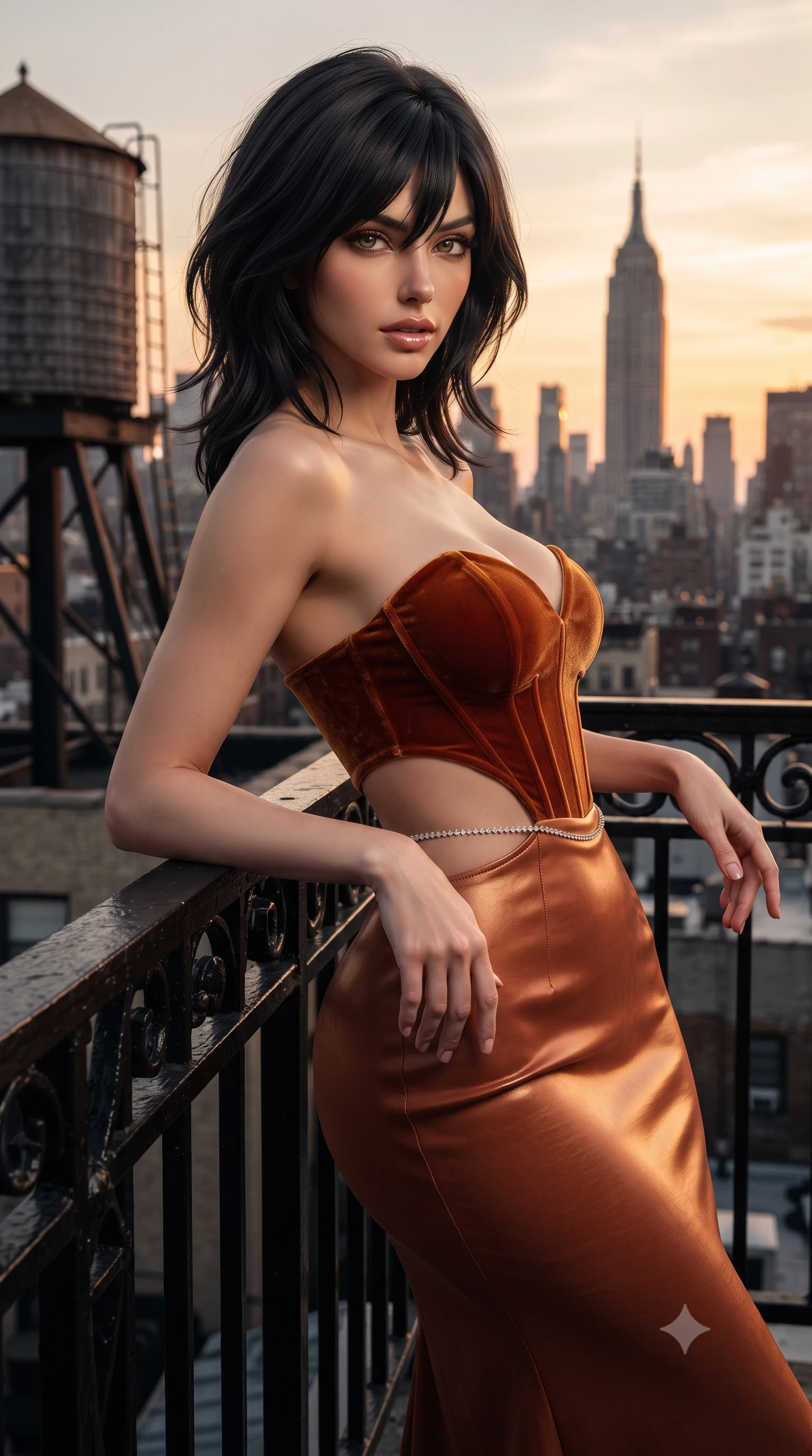 score_9, masterpiece, best quality, ultra-detailed, high-budget anime keyframe, editorial fashion photography, tasteful artistic composition, Caucasian woman. close-up cowboy shot from the waist and thighs up, the character dominates the composition, filling the frame with her large presence. leaning back with relaxed seductive grace, her sculpted collarbones and narrow waist highlighted as she casts smoldering bedroom-eyes directly into the camera while leaning against the black steel rooftop railing with hips cocked back, looking over her shoulder with effortless downtown supermodel charisma. The surrounding environment is rendered in vivid detail and crisp panoramic clarity. sharp weathered cedar water tower bands, rusted steel fire escape rivets, and Manhattan skyline spires in deep focus. She has an exceptionally elegant, slender, and willowy female figure with an ultra-slim waist, flat toned midriff, narrow ribcage, and sculpted feminine hips creating an alluring, slim hourglass silhouette without bulk. sharp v-shaped jawline, high-bridge nose, intricate jewel-like eyes with depth, thick eyelashes, glossy parted lips with a natural sheen, intensely captivating and seductive bedroom-eyes expression, flawlessly proportioned anatomical accuracy, strict slender model proportions, natural body alignment, perfectly sculpted long slender limbs, ultra-slim waistline, clean dynamic posture without body distortion. wearing a deep sweetheart neckline crushed velvet corseted ballgown with an exposed midriff cutout in molten desert gold and burnt terracotta, formed from supple second-skin lambskin leather with specular sheen, accented with a dainty diamond waist chain catching the ambient light reflections, the liquid-tight tailored fabric clinging flawlessly to her narrow waist and rounded feminine hips, emphasizing every millimeter of her sculpted slim hourglass curves without any bulky heaviness. illuminated by crisp directional sunset rays sharply defining her sculpted collarbones, ultra-slim waist, and curvy hips. ultra-reflective glossy finish, specular highlights, rich textural contrasts, high-contrast stereoscopic depth, volumetric dynamic lighting, 2k, ultra detail, master piece, 9:16 ratio