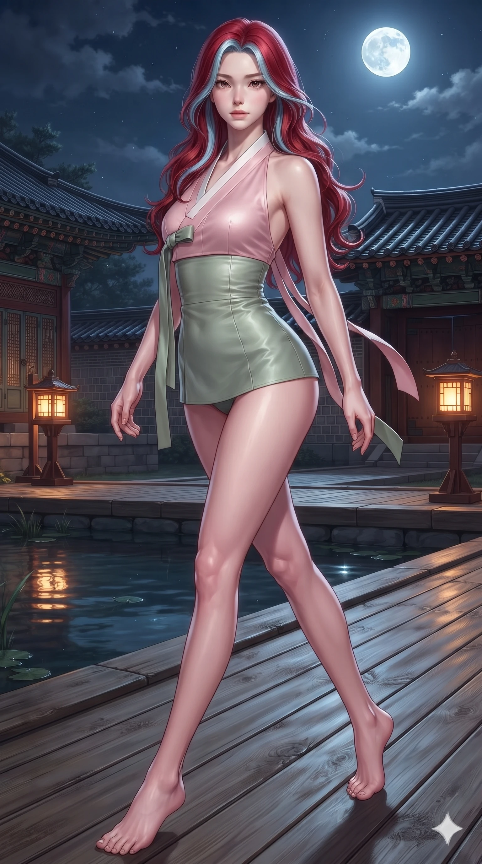 score_9, masterpiece, best quality, ultra-detailed, high-budget anime keyframe, editorial fashion photography, tasteful artistic composition, Caucasian woman. low angle full-body shot from head to toe showing her feet, filling the entire 9:16 vertical frame with her statuesque presence, stretching her vertical silhouette. striding across the moonlit timber deck as nocturnal breezes whip her garments open, accentuating her long slender legs and curvy hips while twisting her slender torso in an alluring contrapposto stance, shimmering water reflections contouring her waist and hips. The surrounding environment is rendered in vivid detail and crisp panoramic clarity: detailed modern hanbok bustier tailoring, high-slit wide silk trousers, and ancient royal palace masonry in razor-sharp precision. She has an absolutely perfect, statuesque 8.5-heads proportion, an exceptionally tall and slender model-like female figure with impossibly long slender legs, an ultra-slim waist, a flat toned midriff, narrow delicate ribcage, and beautifully sculpted feminine hips creating a graceful, slim hourglass silhouette without any bulky heaviness. sharp v-shaped jawline, high-bridge nose, sparkling eyes with hypnotic seductive depth, thick curled eyelashes, glossy parted lips with a natural dewy peach sheen, alluring bedroom-eyes with an enchanting coquettish smile, exuding magnetic siren charisma and sophisticated glamour, flawlessly proportioned anatomical accuracy, strict slender model proportions, natural body alignment, perfectly sculpted long slender limbs, ultra-slim waistline, clean dynamic posture without body distortion. wearing a deep V-neck wrap jeogori blouse layered over an opaque silk bandeau and high-waisted wrap shorts in soft lotus rose and morning dew sage green, made of supple butter-soft lambskin leather with a subtle satin sheen, finished with long silk ribbon ties fluttering down her bare spine from a backless halter, the bespoke structured tailoring following the natural line of her 8.5-heads silhouette with refined elegance. bathed in celestial full-moon light contrasting with warm architectural gate lanterns. ultra-reflective glossy finish, specular highlights, rich textural contrasts, high-contrast stereoscopic depth, volumetric dynamic lighting, 2k, ultra detail, master piece, 9:16 ratio