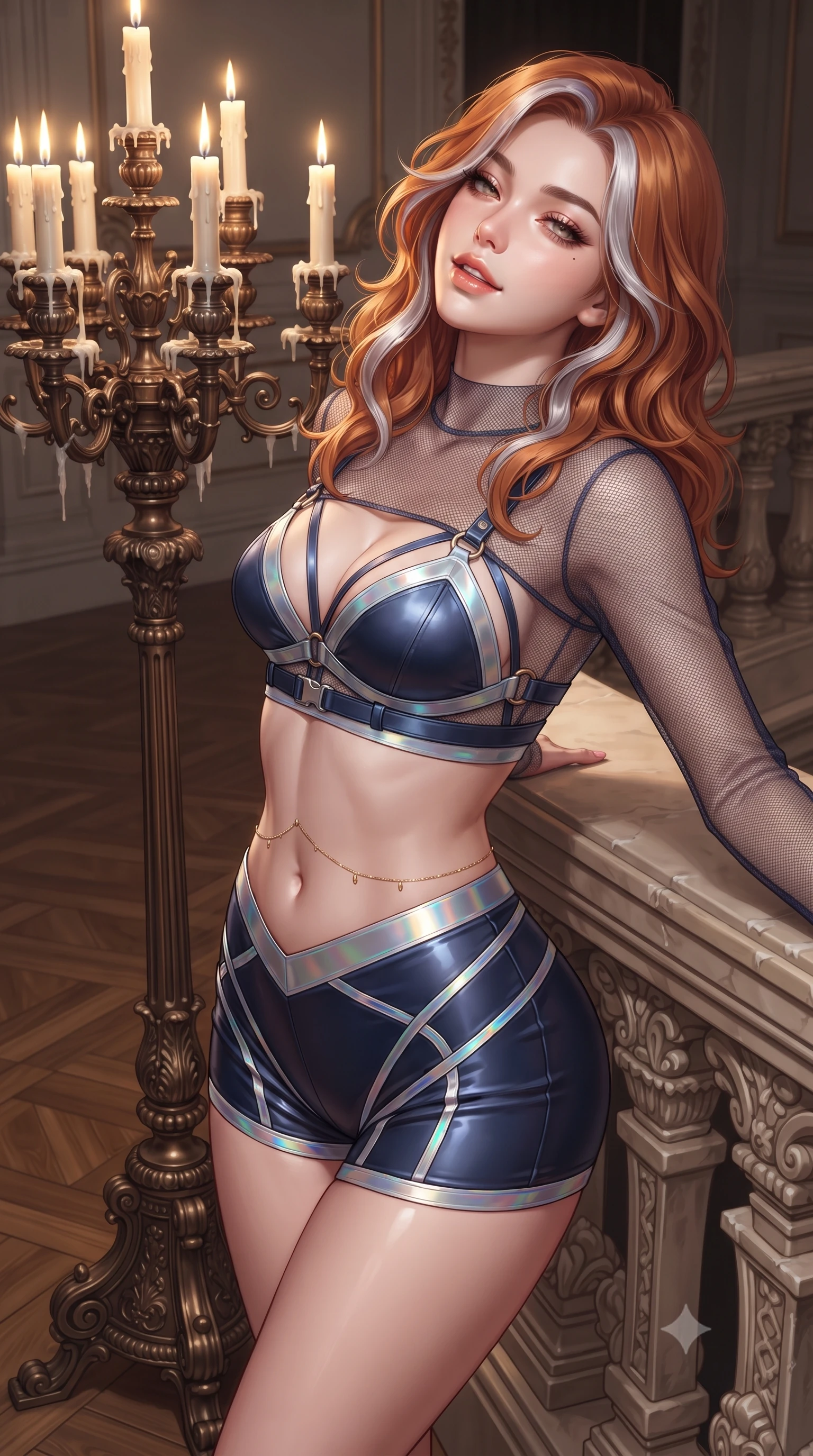 score_9, masterpiece, best quality, ultra-detailed, high-budget anime keyframe, editorial fashion photography, tasteful artistic composition, Caucasian woman. close-up cowboy shot from the waist and thighs up, the character dominates the composition, filling the frame with her large presence. leaning back against the balustrade with relaxed seductive grace, head tilted back slightly while casting a hypnotic, heavy-lidded gaze while standing beside a colossal bronze floor candelabra with hips cocked back, looking over her shoulder with an irresistible bedroom-smile. The surrounding environment is rendered in vivid detail and crisp panoramic clarity: sharp Versailles parquet wood grain patterns, bronze candelabra casting details, and candle wax drips in deep focus. She has an exceptionally elegant, slender, and willowy female figure with an ultra-slim waist, flat toned midriff, narrow ribcage, and sculpted feminine hips creating an alluring, slim hourglass silhouette without bulk. sharp v-shaped jawline, high-bridge nose, sparkling eyes with hypnotic seductive depth, thick curled eyelashes, glossy parted lips with a natural dewy peach sheen, alluring bedroom-eyes with an enchanting coquettish smile, exuding magnetic siren charisma and sophisticated glamour, flawlessly proportioned anatomical accuracy, strict slender model proportions, natural body alignment, perfectly sculpted long slender limbs, ultra-slim waistline, clean dynamic posture without body distortion. wearing a delicate sheer mesh long-sleeve crop top layered over an opaque strappy tactical micro-bralette and tight shorts in deep sapphire navy and metallic silver with holographic trims, crafted from fluid liquid silk satin that clings smoothly to every curve with a dewy sheen, accented with a dainty gold belly chain resting across her flat midriff and curving hips, the high-slit wrap tailoring accentuating her ultra-slim waistline and the enchanting curve of her feminine hips with alluring seductive charm. illuminated by polished parquet bounce and sharp golden rim lighting sculpting her jawline, flat midriff, and voluptuous hip curves. ultra-reflective glossy finish, specular highlights, rich textural contrasts, high-contrast stereoscopic depth, volumetric dynamic lighting, 2k, ultra detail, master piece, 9:16 ratio
