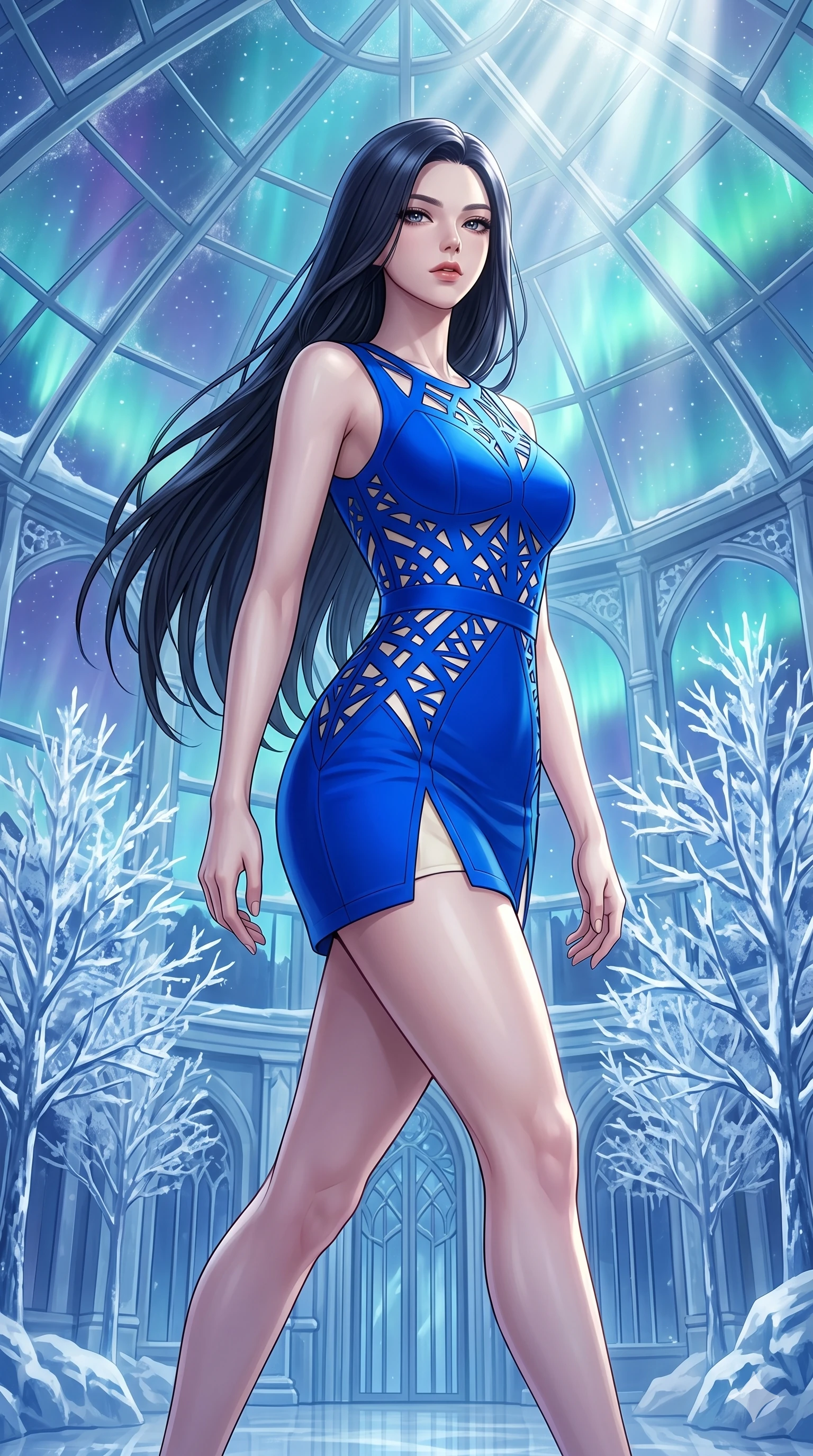 score_9, masterpiece, best quality, ultra-detailed, high-budget anime keyframe, editorial fashion photography, tasteful artistic composition, Korean woman. cowboy shot from the thighs up, character and outfit filling the frame for maximum editorial presence. Gazing past the camera with an air of effortless superiority within a dreamlike floating winter kingdom with frozen crystal trees and aurora skies. She has an absolutely perfect 8-heads proportion, an exceptionally tall and slender female figure with impossibly long slender legs and an ultra-slim waist. V-shaped jawline, high-bridge nose, intricate jewel-like eyes with depth, thick eyelashes, glossy lips with a natural sheen. wearing a vivid electric cobalt structured fitted mini dress with intricate laser-cut geometric patterns at the torso and waist revealing glimpses of the underlining in contrasting ivory. drenched in cinematic god-ray sunlight descending from a vaulted glass ceiling, illuminating her form. 2k, ultra detail, master piece, 9:16 ratio