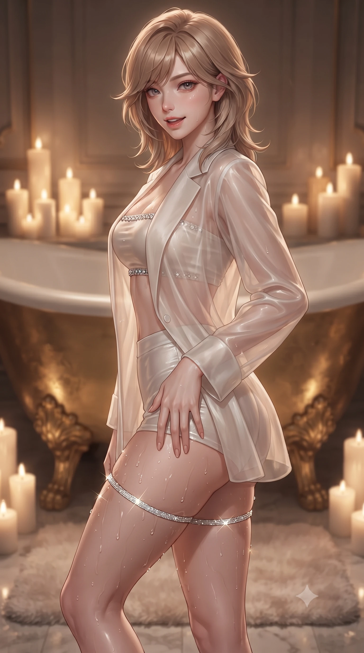 score_9, masterpiece, best quality, ultra-detailed, high-budget anime keyframe, editorial fashion photography, tasteful artistic composition, Korean woman. close-up cowboy shot from the waist and thighs up, the character dominates the composition, filling the frame with her large presence. tilting her head with a teasing half-smile, running one hand slowly down the side of her hip in a flirtatious S-curve as ambient light caresses her silhouette while stepping out onto the bath mat with water glistening on her thighs, glancing over her shoulder with an alluring, parted-lip smile. The background shows a soft-focus ornate gilded clawfoot tub feet softened in intimate boudoir shallow focus. She has an exceptionally elegant, slender, and willowy female figure with an ultra-slim waist, flat toned midriff, narrow ribcage, and sculpted feminine hips creating an alluring, slim hourglass silhouette without bulk. sharp v-shaped jawline, high-bridge nose, sparkling eyes with hypnotic seductive depth, thick curled eyelashes, glossy parted lips with a natural dewy peach sheen, alluring bedroom-eyes with an enchanting coquettish smile, exuding magnetic siren charisma and sophisticated glamour, flawlessly proportioned anatomical accuracy, strict slender model proportions, natural body alignment, perfectly sculpted long slender limbs, ultra-slim waistline, clean dynamic posture without body distortion. wearing a tailored open-front minimal smoking blazer worn over a jewel-embellished bandeau and micro-shorts in pure pearl alabaster with liquid platinum sheen, made of sheer gossamer chiffon that drapes softly against skin with airy translucence, finished with delicate crystal-encrusted thigh garter straps glinting under the lights, the liquid-tight tailored fabric clinging flawlessly to her narrow waist and rounded feminine hips, emphasizing every millimeter of her sculpted slim hourglass curves without any bulky heaviness. bathed in the warm flickering glow of dozens of pillar candles surrounding the tub. ultra-reflective glossy finish, specular highlights, rich textural contrasts, high-contrast stereoscopic depth, volumetric dynamic lighting, 2k, ultra detail, master piece, 9:16 ratio