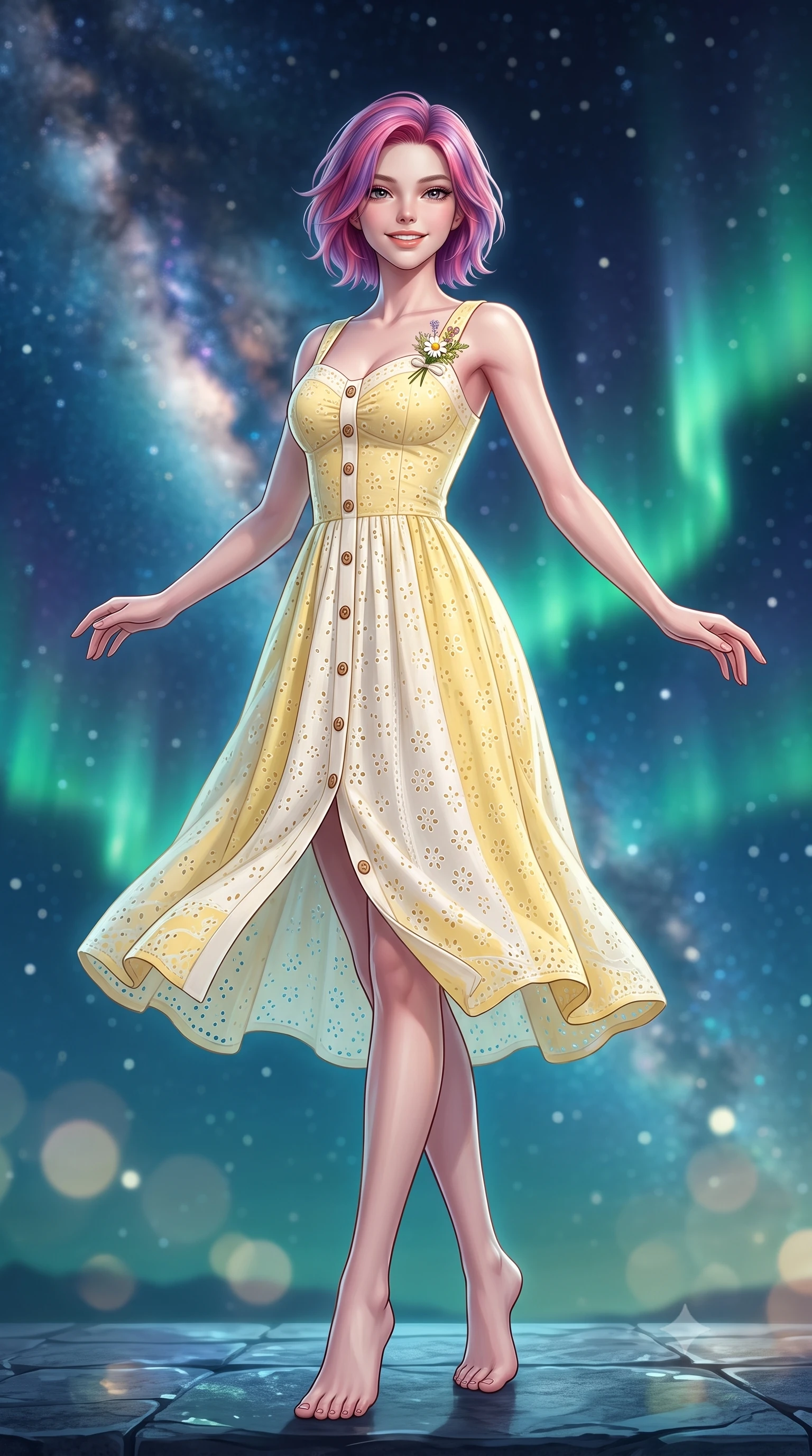 score_9, masterpiece, best quality, ultra-detailed, high-budget anime keyframe, semi-realistic 3D game render, editorial fashion photography, tasteful artistic composition, Caucasian woman. low angle full-body shot from head to toe showing her feet, filling the entire 9:16 vertical frame with her statuesque presence, stretching her vertical silhouette. pivoting dynamically with a fresh infectious smile, her ultra-slim waist and long slender legs creating a fluid graceful line while standing poised against a majestic starlit night sky with arms gently outstretched in peaceful wonder. The composition keeps background elements in soft focus with creamy bokeh. dazzling Milky Way star clusters and dancing emerald aurora ribbons blurred into deep indigo, teal, and celestial bokeh. She has an absolutely perfect, statuesque 8.5-heads proportion, an exceptionally tall and slender model-like female figure with impossibly long slender legs, a toned flat midriff, and an ultra-slim waist. sharp v-shaped jawline, high-bridge nose, intricate jewel-like eyes with depth, thick eyelashes, glossy lips with a natural sheen, pure and lovely fresh girlhood expression, flawlessly proportioned anatomical accuracy, strict slender model proportions, natural body alignment, perfectly sculpted long slender limbs, ultra-slim waistline, clean dynamic posture without body distortion. wearing an airy eyelet lace cotton midi dress with a sweetheart neckline and wooden front buttons in fresh buttercup yellow and clean cream white, woven with delicate eyelet lace and breathable cotton voile, complemented by a delicate wildflower corsage pinned to the lapel, the soft airy drape swaying gracefully with her dynamic movements, emphasizing her tall willowy build and slim waistline. surrounded by a magical, romantic, and breathtakingly wondrous starlit maiden aura. highly saturated vibrant anime colors, detailed shading with soft gradients, rich glossy textures, high-contrast stereoscopic depth, volumetric dynamic lighting, master piece, 9:16 ratio