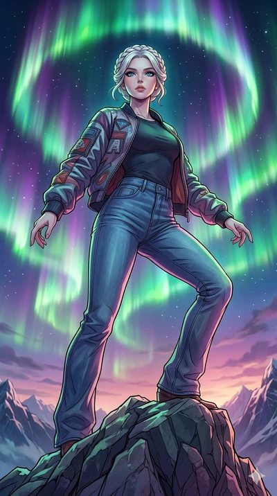 score_9, masterpiece, best quality, ultra-detailed, high-budget anime movie keyframe, cinematic anime lighting, intricate line art, Caucasian (strictly human ears) woman. Low angle cowboy shot capturing a powerful motion and statuesque presence. stan