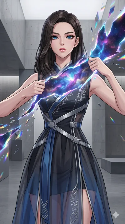 score_9, masterpiece, best quality, ultra-detailed, High-budget Anime Keyframe, beautiful Caucasian anime girl (strictly human ears). Low angle cowboy shot filling the entire 9:16 frame with her statuesque presence. Physically tearing open a rift in 