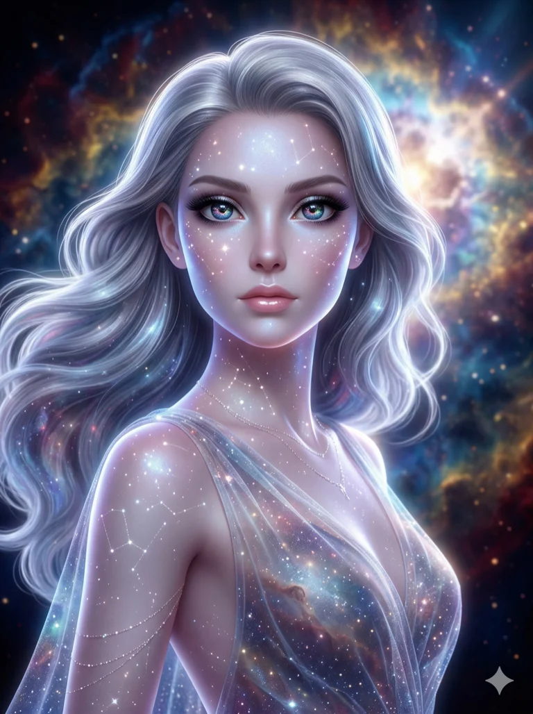 score_9, masterpiece, best quality, ultra-detailed, highend animation style, an incredibly beautiful ethereal Caucasian woman with flawless pale skin (strictly human ears). Close-up portrait filling more than half of the frame. She is a star-child born in a supernova, her skin covered in constellations. She has an absolutely perfect petite and compact proportion, a petite female figure with a delicate skinny figure. Her face is a highly detailed masterpiece featuring a v-shaped jawline, high-bridge nose, intricate jewel-like eyes, thick eyelashes, and glossy lips. She has silver flowing hair like a cosmic cloud. She is wearing a sheer fabric dress made of starlight, highlighting her alluring silhouette. Exploding star background and cosmic dust, dramatic rim lighting, radiant glowing skin, cinematic dynamic light, 2k, ultra detail, master piece, 3:4 ratio