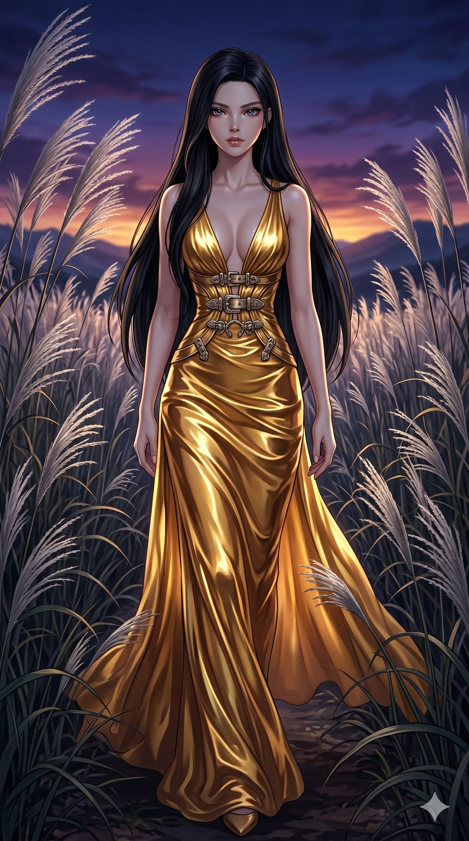 score_9, masterpiece, best quality, ultra-detailed, High-budget Anime Keyframe, East Asian woman. Dynamic full-body shot stretching the vertical silhouette to the limit. Scenario 8: Walking through a field of tall silver grass at twilight. Her presence is magnetic and overpowering in this high-budget anime scene. Outfit 8: A molten liquid silk gold with a plunging V-neckline and metallic buckles. The clothing is designed to emphasize her exceptionally tall and slender 8-heads proportion. 8-heads proportion, towering silhouette, ultra-slim waist. sharp v-shaped jawline, intricate jewel-like eyes with depth, thick eyelashes, glossy lips. 2k, ultra detail, master piece, 9:16 ratio
