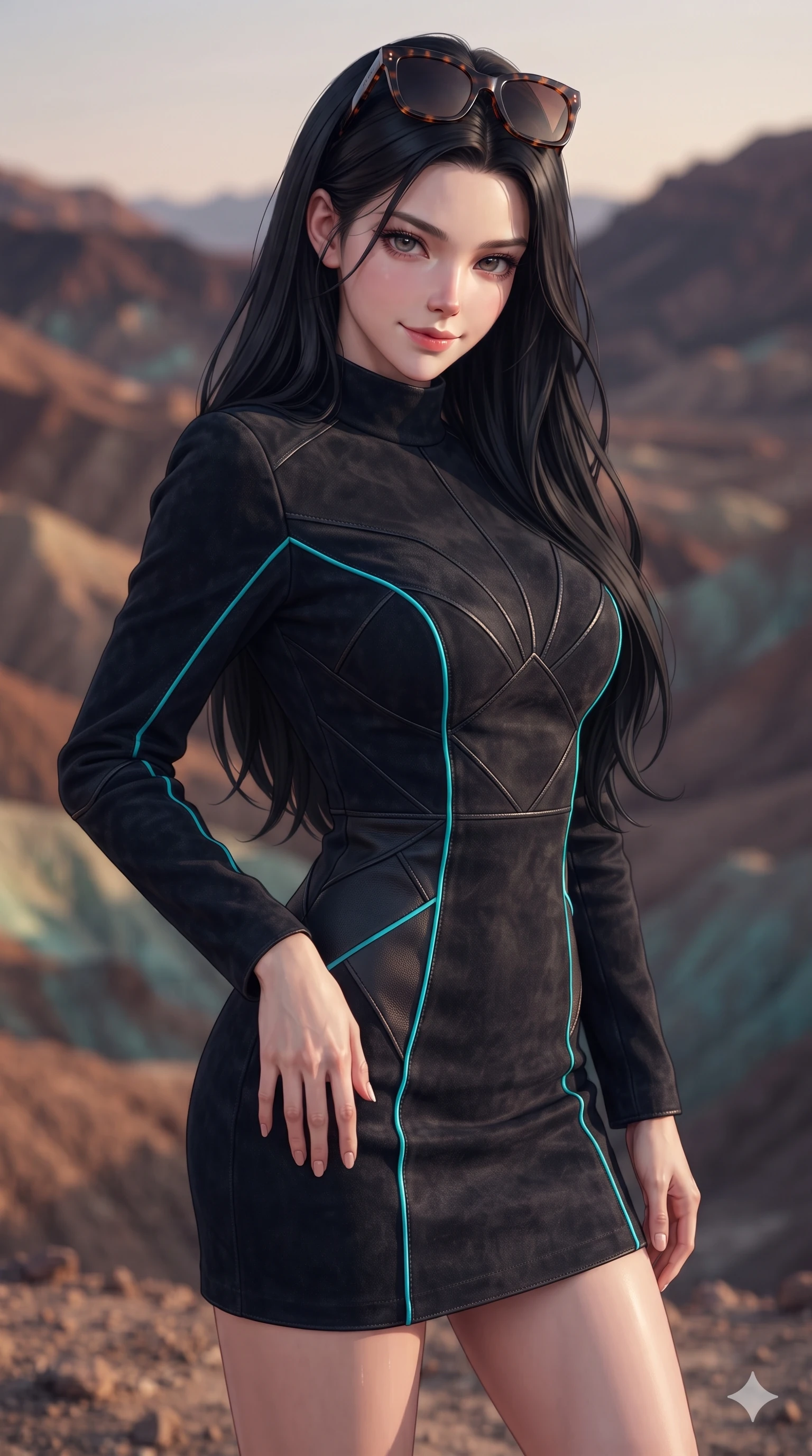score_9, masterpiece, best quality, ultra-detailed, high-budget anime keyframe, editorial fashion photography, tasteful artistic composition, Korean woman. close-up cowboy shot from the waist and thighs up, the character dominates the composition, filling the frame with her large presence. tilting her head with a teasing half-smile, running one hand slowly down the side of her hip in a flirtatious S-curve as ambient light caresses her silhouette while twisting her slender torso in an alluring S-curve, soft iridescent mineral washes in the background complementing her flat midriff and curvy hips. The surrounding environment is rendered in vivid detail and crisp panoramic clarity: sharp oxidized volcanic mineral strata, fine gravel erosion ripples, and crisp desert ridge lines in deep focus. She has an exceptionally elegant, slender, and willowy female figure with an ultra-slim waist, flat toned midriff, narrow ribcage, and sculpted feminine hips creating an alluring, slim hourglass silhouette without bulk. sharp v-shaped jawline, high-bridge nose, sparkling eyes with hypnotic seductive depth, thick curled eyelashes, glossy parted lips with a natural dewy peach sheen, alluring bedroom-eyes with an enchanting coquettish smile, exuding magnetic siren charisma and sophisticated glamour, flawlessly proportioned anatomical accuracy, strict slender model proportions, natural body alignment, perfectly sculpted long slender limbs, ultra-slim waistline, clean dynamic posture without body distortion. wearing a modest long-sleeve suede desert shift dress with high neckline and geometric leather stitching in midnight obsidian black and neon cyan piping, woven from bespoke sun-bleached selvedge denim with rich tactile slub texture, complemented by oversized designer tortoiseshell sunglasses resting atop her head, the impeccably tailored cut draping gracefully along her slender figure with aristocratic western poise. bathed in the warm, diffused 3000K afternoon light bringing out the vibrant natural mineral pigments of the volcanic hills. ultra-reflective glossy finish, specular highlights, rich textural contrasts, high-contrast stereoscopic depth, volumetric dynamic lighting, 2k, ultra detail, master piece, 9:16 ratio