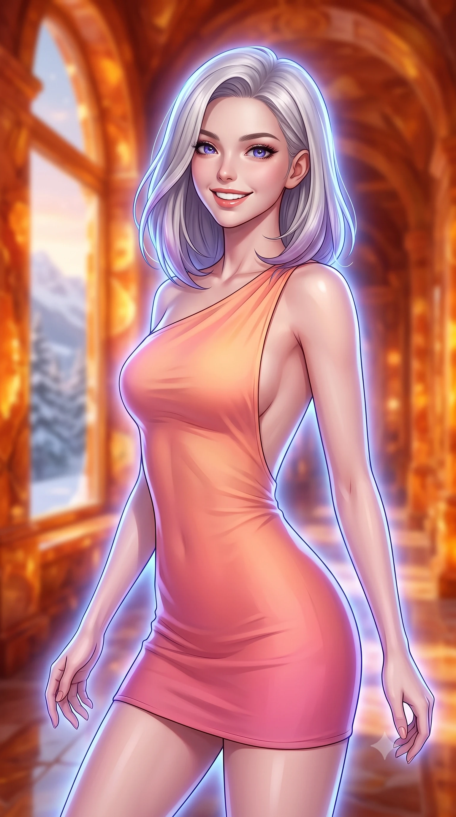 score_9, masterpiece, best quality, ultra-detailed, high-budget anime keyframe, editorial fashion photography, tasteful artistic composition, Caucasian woman, strictly human ears. close-up cowboy shot from the waist and thighs up, the character dominates the composition, filling the frame with her large presence, background elements kept in soft focus. Casting a bright, energetic glance toward the camera with a cheerful grin. set against a soft-focus background of standing inside a grand corridor of a palace made entirely of warm fossilized amber in a snowy pine mountain valley, glowing from within during a winter sunset. She has an exceptionally elegant, slender, and willowy female figure with a highly-defined ultra-slim waist, a gracefully sculpted slender torso, and a refined slim-fit silhouette that contours her form. sharp v-shaped jawline, high-bridge nose, intricate jewel-like eyes with depth, thick eyelashes, glossy lips with a natural sheen. wearing an asymmetric one-shoulder mini dress in a peach-to-pink gradient with a scooped open back. cool ethereal blue-violet bioluminescent glow wrapping around her from all sides. 2k, ultra detail, master piece, 9:16 ratio