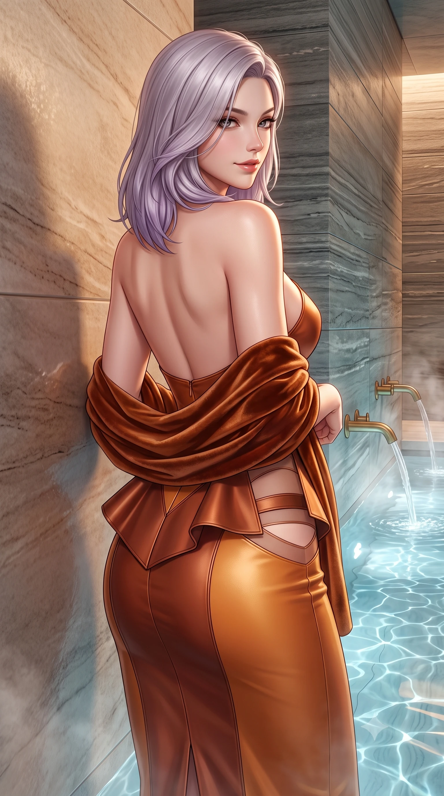 score_9, masterpiece, best quality, ultra-detailed, high-budget anime keyframe, semi-realistic 3D game render, editorial fashion photography, tasteful artistic composition, Caucasian woman. close-up cowboy shot from the waist and thighs up, the character dominates the composition, filling the frame with her large presence. turning over a bare shoulder with an intoxicating, teasing smile, her soft hair framing her sharp jawline as her hips angle gracefully while leaning back against the smooth warm quartzite stone wall with hips cocked, casting a quiet, alluring bedroom-gaze through rising thermal steam. The surrounding environment is rendered in vivid detail and crisp panoramic clarity. sharp layered Vals quartzite stone strata, water surface tension caustics, and brass thermal water spouts in deep focus. She has an exceptionally elegant, slender, and willowy female figure with an ultra-slim waist, flat toned midriff, narrow ribcage, and sculpted feminine hips creating an alluring, slim hourglass silhouette without bulk. sharp v-shaped jawline, high-bridge nose, intricate jewel-like eyes with depth, thick eyelashes, glossy parted lips with a natural sheen, intensely captivating and seductive bedroom-eyes expression, flawlessly proportioned anatomical accuracy, strict slender model proportions, natural body alignment, perfectly sculpted long slender limbs, ultra-slim waistline, clean dynamic posture without body distortion. wearing a structural geometric peplum gown with sheer side-ribbon cutouts and form-fitting skirt in rich copper bronze and warm amber, formed from supple second-skin lambskin leather with specular sheen, complemented by a plush velvet shawl draped loosely over her elbows, the precision-cut side openings and low-back scoop framing her graceful spine and the sensual sweep of her slim, toned hips. illuminated by shimmering submerged pool lights softly contouring her razor-sharp jawline, narrow waist, and curvy hips. highly saturated vibrant anime colors, detailed shading with soft gradients, rich glossy textures, high-contrast stereoscopic depth, volumetric dynamic lighting, master piece, 9:16 ratio