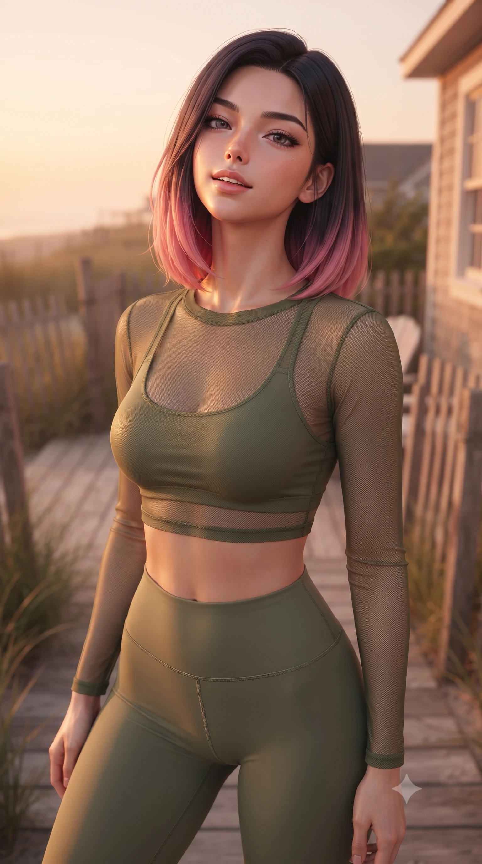 score_9, masterpiece, best quality, ultra-detailed, high-budget anime keyframe, editorial fashion photography, tasteful artistic composition, Korean woman woman. close-up cowboy shot from the waist and thighs up, the character dominates the composition, filling the frame with her large presence, background elements kept in soft focus. tilting her chin up slightly with lips parted in a composed, provocative expression the background shows a soft-focus a cozy wooden deck of a beachside cottage, surrounded by beachgrass and wooden fences. She has an exceptionally elegant, slender, and willowy female figure with an ultra-slim waist, a gracefully sculpted slender torso, and a refined silhouette. sharp v-shaped jawline, high-bridge nose, intricate jewel-like eyes with depth, thick eyelashes, glossy lips with a natural sheen. wearing a form-contouring sheer mesh long-sleeve crop top in olive green, worn over a matching sports bra and leggings. warm sunset light casting a peaceful, cozy orange wash on her figure. ultra-reflective glossy finish, specular highlights, metallic sheen, high-contrast stereoscopic depth, volumetric dynamic lighting, 2k, ultra detail, master piece, 9:16 ratio