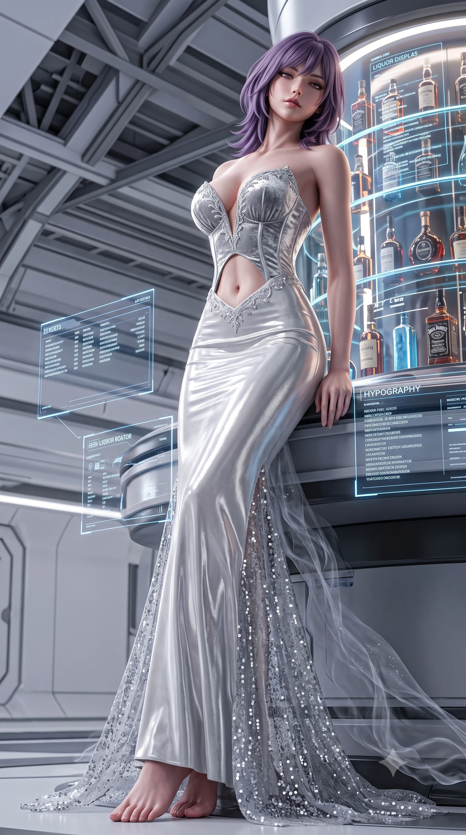 score_9, masterpiece, best quality, ultra-detailed, high-budget anime keyframe, semi-realistic 3D game render, editorial fashion photography, tasteful artistic composition, Japanese woman. low angle full-body shot from head to toe showing her feet, filling the entire 9:16 vertical frame with her statuesque presence, stretching her vertical silhouette. leaning deep against the structural architecture with hips cocked in an unapologetically bold, seductive high-fashion stance while leaning back against an illuminated holographic liquor display with hips cocked, casting a smoky, dangerous bedroom-gaze past the camera. The surrounding environment is rendered in vivid detail and crisp panoramic clarity. detailed sequin dress shimmer, smoke ribbon filaments, and holographic interface typography in high resolution. She has an exceptionally tall and slender model-like 8.5-heads proportion, an ultra-slim waist, a flat toned midriff, narrow delicate ribcage, and beautifully sculpted feminine hips creating a graceful, slim hourglass silhouette without any bulky heaviness, with impossibly long slender legs. sharp v-shaped jawline, high-bridge nose, intricate jewel-like eyes with depth, thick eyelashes, glossy parted lips with a natural sheen, intensely captivating and seductive bedroom-eyes expression, flawlessly proportioned anatomical accuracy, strict slender model proportions, natural body alignment, perfectly sculpted long slender limbs, ultra-slim waistline, clean dynamic posture without body distortion. wearing a deep sweetheart neckline crushed velvet corseted ballgown with an exposed midriff cutout in shimmering silver mercury and pearl white, tailored from second-skin aerodynamic stretch vinyl with specular wet sheen, finished with delicate crystal frost embroidery tracing the plunging neckline, the form-contouring material adhering flawlessly to her sculpted flat midriff and slender torso, emphasizing her long leg lines and perfectly proportioned willowy build. illuminated by crisp directional edge lights defining her sculpted clavicle, flat midriff, and rounded hips. highly saturated vibrant anime colors, detailed shading with soft gradients, rich glossy textures, high-contrast stereoscopic depth, volumetric dynamic lighting, master piece, 9:16 ratio