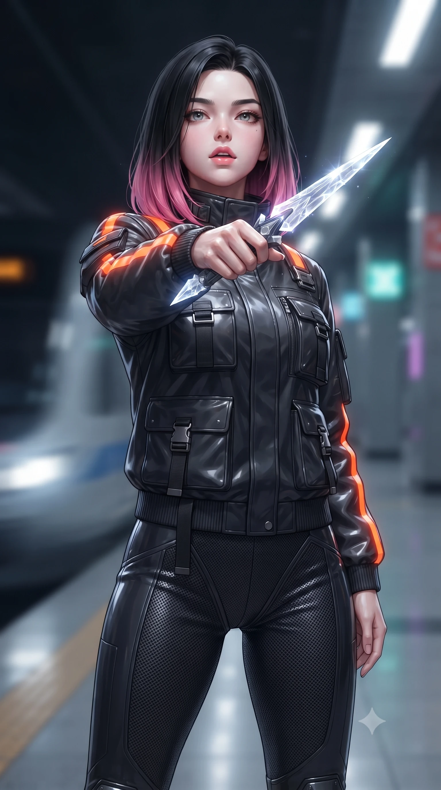 score_9, masterpiece, best quality, ultra-detailed, high-budget anime keyframe, editorial fashion photography, tasteful artistic composition, Korean woman. close-up cowboy shot from the waist and thighs up, the character dominates the composition, filling the frame with her large presence, background elements kept in soft focus. pointing a crystal-edged laser dagger forward in a defensive stance, tilting her chin up slightly with lips parted in a composed pose, the background shows a soft-focus a subterranean transit station with neon lane markers and moving hyper-trains. She has an exceptionally elegant, slender, and willowy female figure with an ultra-slim waist, a gracefully sculpted slender torso, and a refined silhouette. sharp v-shaped jawline, high-bridge nose, intricate jewel-like eyes with depth, thick eyelashes, glossy lips with a natural sheen. wearing a slim-fit heavy polar-combat jacket with neon orange warning stripes, worn over thick carbon-mesh thermal trousers. intermittent bright white headlight beams flashing across her athletic form. ultra-reflective glossy finish, specular highlights, metallic sheen, high-contrast stereoscopic depth, volumetric dynamic lighting, 2k, ultra detail, master piece, 9:16 ratio