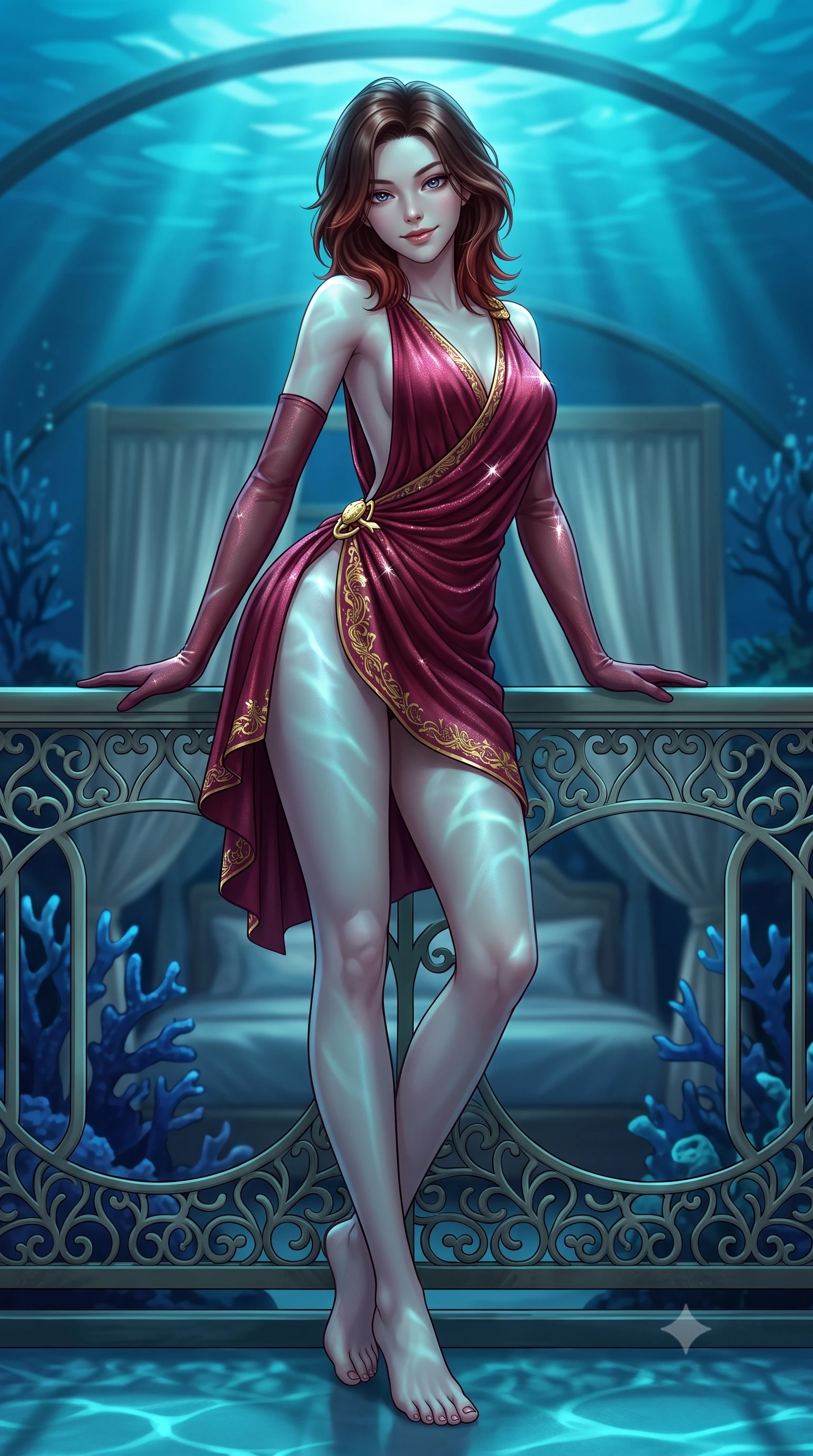 score_9, masterpiece, best quality, ultra-detailed, high-budget anime keyframe, semi-realistic 3D game render, editorial fashion photography, tasteful artistic composition, Korean woman. low angle full-body shot from head to toe showing her feet, filling the entire 9:16 vertical frame with her statuesque presence, stretching her vertical silhouette. leaning deep against the balcony balustrade with hips cocked back in an unapologetically alluring high-fashion stance, casting an intoxicating glance while standing poised beneath the 180-degree curved acrylic ceiling five meters beneath the ocean surface, arching her spine with breathtaking siren elegance. The background shows a soft-focus interior silk bed drapes softened in avant-garde sub-aquatic luxury shallow focus. She has an absolutely perfect, statuesque 8.5-heads proportion, an exceptionally tall and slender model-like female figure with impossibly long slender legs, an ultra-slim waist, a flat toned midriff, narrow delicate ribcage, and beautifully sculpted feminine hips creating a graceful, slim hourglass silhouette without any bulky heaviness. sharp v-shaped jawline, high-bridge nose, sparkling eyes with hypnotic seductive depth, thick curled eyelashes, glossy parted lips with a natural dewy peach sheen, alluring bedroom-eyes with an enchanting coquettish smile, exuding magnetic siren charisma and sophisticated glamour, flawlessly proportioned anatomical accuracy, strict slender model proportions, natural body alignment, perfectly sculpted long slender limbs, ultra-slim waistline, clean dynamic posture without body distortion. wearing a draped Greek-goddess style silk chiffon mini toga dress with an open back and golden hip fibula in Vienna imperial bordeaux and Habsburg gold, woven from stretch metallic lurex jersey casting radiant starlight glints across her silhouette, complemented by sheer opera-length evening gloves tracing her slender arms, the glove-like clinging cut tightly following the natural contour of her hips and long slender legs with youthful 8.5-heads elegance. bathed in ethereal undulating cyan and deep-blue aquatic light filtering through exterior ocean floodlights. highly saturated vibrant anime colors, detailed shading with soft gradients, rich glossy textures, high-contrast stereoscopic depth, volumetric dynamic lighting, master piece, 9:16 ratio