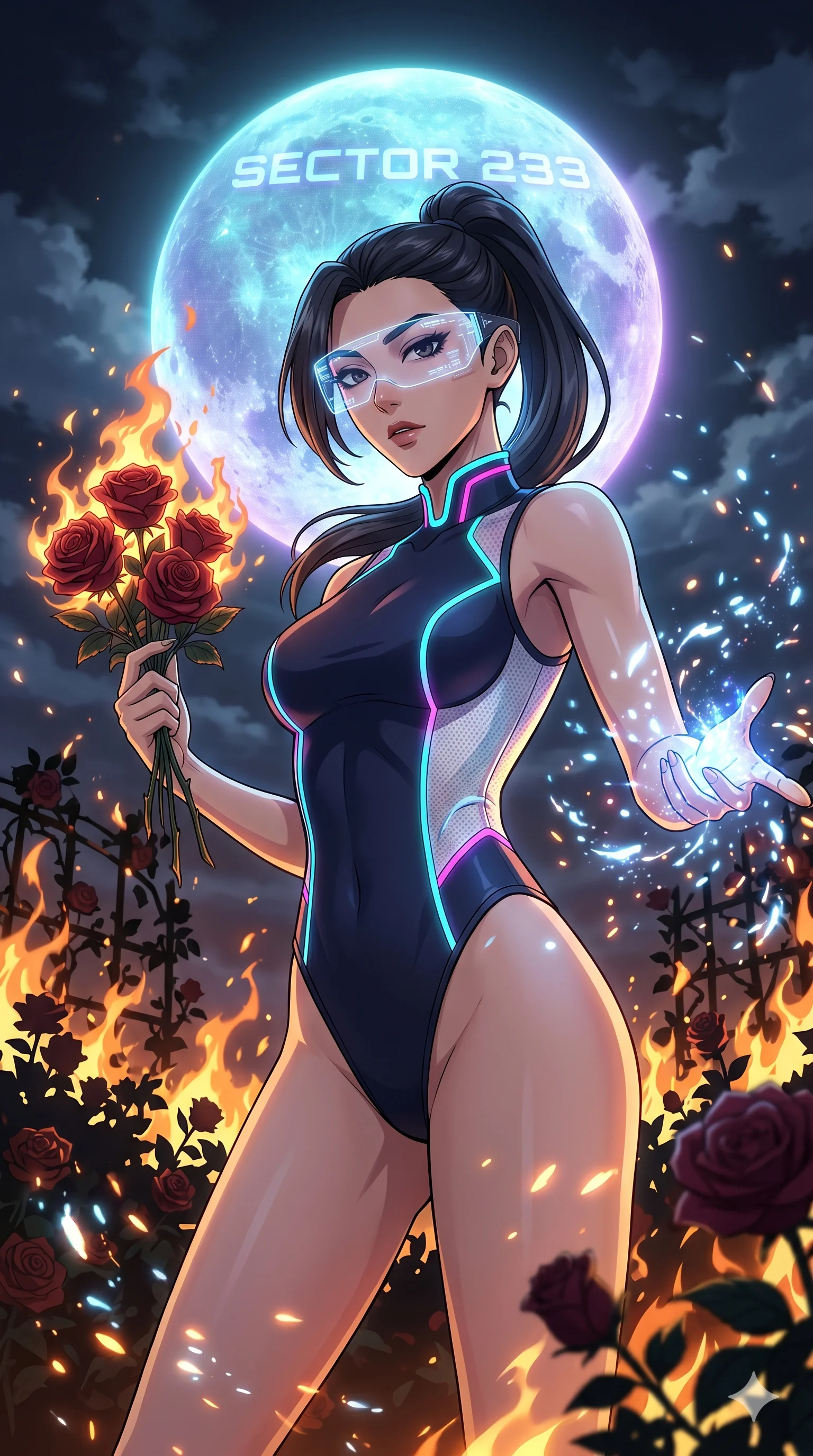 score_9, masterpiece, best quality, ultra-detailed, Set A: High-budget Anime Keyframe, Korean woman. Low angle cowboy shot filling the entire 9:16 frame with her statuesque presence. Casting a spell through a burning rose garden, with a massive holographic moon rising behind her marked as sector 233 and surrounded by glowing energy sparks. She has an absolutely perfect 8-heads proportion, an exceptionally tall and slender female figure with impossibly long slender legs and an ultra-slim waist. Sharp v-shaped jawline, high-bridge nose, intricate jewel-like eyes with depth, thick eyelashes, glossy lips with a natural sheen. Wearing High-cut athletic leotard with glowing trim and a translucent visor accessory. Cinematic lighting, vibrant colors, dramatic shadows, 2k, ultra detail, master piece, 9:16 ratio