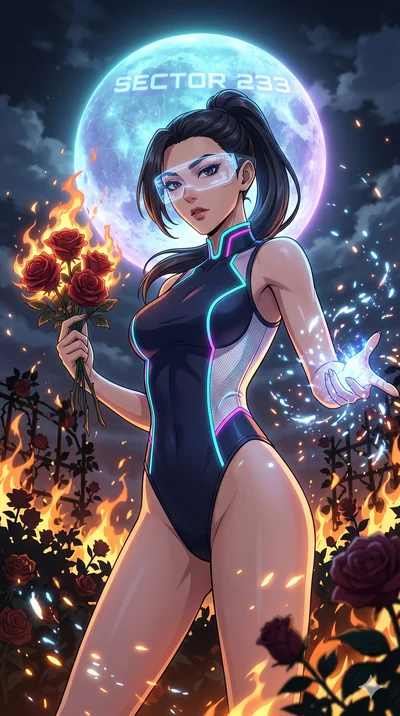 score_9, masterpiece, best quality, ultra-detailed, Set A: High-budget Anime Keyframe, Korean woman. Low angle cowboy shot filling the entire 9:16 frame with her statuesque presence. Casting a spell through a burning rose garden, with a massive holog