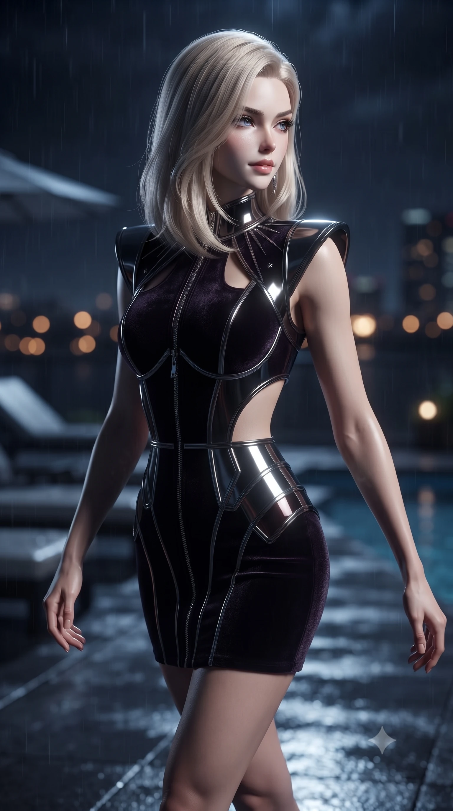 score_9, masterpiece, best quality, ultra-detailed, high-budget anime keyframe, editorial fashion photography, tasteful artistic composition, Caucasian woman. close-up cowboy shot from the waist and thighs up, the character dominates the composition, filling the frame with her large presence, background elements kept in soft focus. Glancing sidelong over her shoulder with a smoldering, enigmatic half-smile, walking along the rain-slicked poolside terrace drenched in midnight moonlight, distant city lights forming soft dark amber bokeh circles in the background. She has an exceptionally elegant, slender, and willowy female figure with an ultra-slim waist, a gracefully sculpted slender torso, and a refined silhouette. sharp v-shaped jawline, high-bridge nose, intricate jewel-like eyes with depth, thick eyelashes, glossy lips with a natural sheen. wearing dramatic architectural open-waist cutout mini dress in dark velvet framed by chrome hardware in dark mahogany, made of sculpted obsidian metallic chrome, finished with metallic silver boning and sleek zipper points, accentuating her gracefully sculpted slender torso. bathed in dramatic chiaroscuro with sharp starlight rim rays tracing her silhouette. ultra-reflective glossy finish, specular highlights, metallic sheen, high-contrast stereoscopic depth, volumetric dynamic lighting, 2k, ultra detail, master piece, 9:16 ratio