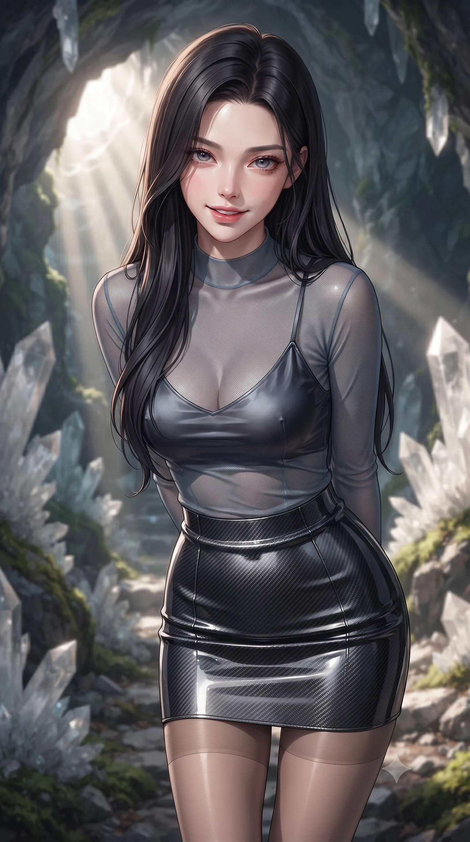 score_9, masterpiece, best quality, ultra-detailed, high-budget anime keyframe, editorial fashion photography, tasteful artistic composition, Korean woman. close-up cowboy shot from the waist and thighs up, the character dominates the composition, filling the frame with her large presence, background elements kept in soft focus. leaning slightly forward with a playful, teasing smile, her gaze locked onto the viewer with lips parted in a composed pose, the background shows a soft-focus a cavern crystal path bordered by sharp quartz formations and moss. She has an exceptionally elegant, slender, and willowy female figure with an ultra-slim waist, a gracefully sculpted slender torso, and a refined silhouette. sharp v-shaped jawline, high-bridge nose, intricate jewel-like eyes with depth, thick eyelashes, glossy lips with a natural sheen. wearing a body-hugging semi-transparent mesh top in slate grey, paired with a carbon-fiber mini skirt and sheer stockings. stark afternoon sunbeams slicing through a cave opening, creating sharp shadows. ultra-reflective glossy finish, specular highlights, metallic sheen, high-contrast stereoscopic depth, volumetric dynamic lighting, 2k, ultra detail, master piece, 9:16 ratio