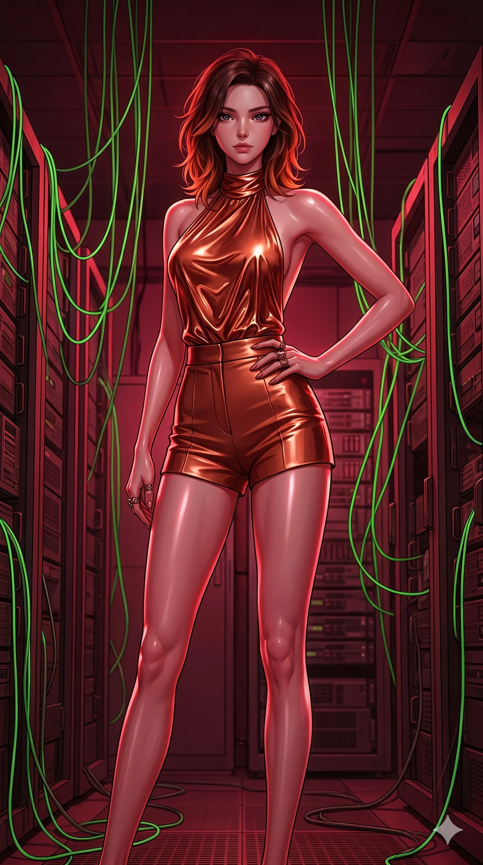 score_9, masterpiece, best quality, ultra-detailed, high-budget anime keyframe, editorial fashion photography, tasteful artistic composition, Korean woman. cowboy shot from the thighs up, character and outfit filling the frame for maximum editorial presence. Holding a confident power pose with one hand on her hip inside an abandoned cybernetic server vault where neon-green wires drape like willow branches. She has an absolutely perfect 8-heads proportion, an exceptionally tall and slender female figure with impossibly long slender legs and an ultra-slim waist. V-shaped jawline, high-bridge nose, intricate jewel-like eyes with depth, thick eyelashes, glossy lips with a natural sheen. wearing a halter-neck top in liquid copper fabric with an open-back design, paired with matching high-waist tailored shorts that elongate her slender silhouette. drenched in deep crimson theatrical lighting with sharp specular highlights on every curve. 2k, ultra detail, master piece, 9:16 ratio