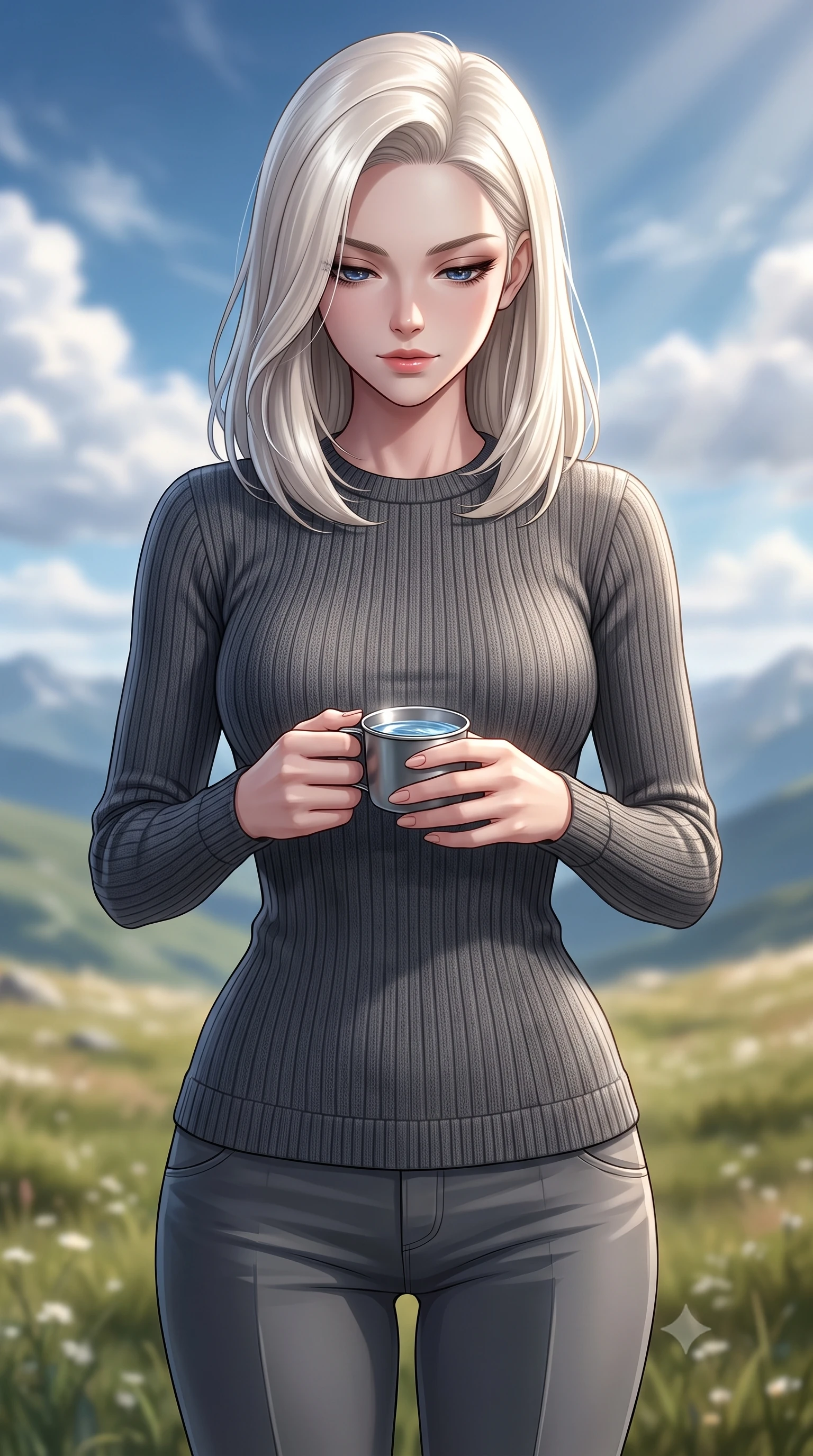 score_9, masterpiece, best quality, ultra-detailed, high-budget anime keyframe, editorial fashion photography, tasteful artistic composition, Caucasian woman. close-up cowboy shot from the waist and thighs up, the character dominates the composition, filling the frame with her large presence, background elements kept in soft focus. looking down at the camera beneath lowered lashes with a quiet, alluring confidence set against a soft-focus background of on a wide grassy meadow high up on a mountain plateau under a blue sky with a small metal cup of fresh spring water held in her hands. She has an exceptionally elegant, slender, and willowy female figure with an ultra-slim waist, a gracefully sculpted slender torso, and a refined silhouette. sharp v-shaped jawline, high-bridge nose, intricate jewel-like eyes with depth, thick eyelashes, glossy lips with a natural sheen. wearing form-contouring body-hugging ribbed knit sweater in charcoal, paired with slim-fit trousers. soft afternoon sunbeams filtering through passing white mountain clouds. ultra-reflective glossy finish, specular highlights, metallic sheen, high-contrast stereoscopic depth, volumetric dynamic lighting, 2k, ultra detail, master piece, 9:16 ratio