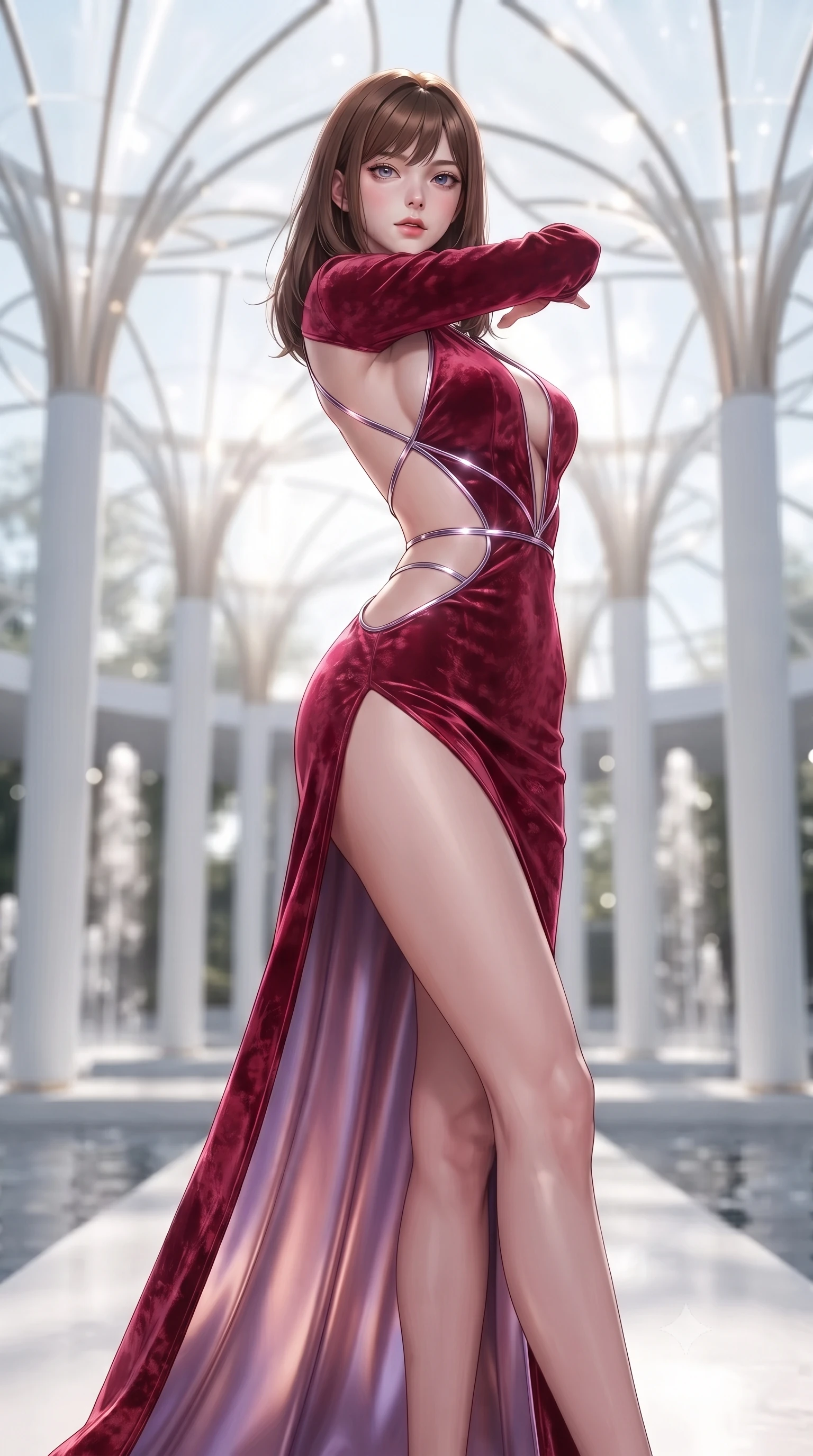 score_9, masterpiece, best quality, ultra-detailed, high-budget anime keyframe, editorial fashion photography, tasteful artistic composition, Korean woman. low angle full-body shot from head to toe showing her feet, filling the entire 9:16 vertical frame with her statuesque presence, stretching her vertical silhouette. pivoting dynamically in mid-motion with a breathtakingly alluring posture, displaying her flawless model proportions and ultra-slim waist while arching her spine in a fluid motion beneath a soaring champagne glass canopy in radiant morning light. The composition keeps background elements in soft focus with creamy bokeh. modern water pavilion arches and white minimalist columns softened by shallow depth of field. She has an absolutely perfect, statuesque 8.5-heads proportion, an exceptionally tall and slender model-like female figure with impossibly long slender legs, a toned flat midriff, and an ultra-slim waist. sharp v-shaped jawline, high-bridge nose, intricate jewel-like eyes with depth, thick eyelashes, glossy lips with a natural sheen, flawlessly proportioned anatomical accuracy, strict slender model proportions, natural body alignment, perfectly sculpted long slender limbs, ultra-slim waistline, clean dynamic posture without body distortion. wearing a backless crimson crushed velvet gown with a deep plunging V-neckline, strategic hip cutouts, and an ultra-high thigh slit in luminous lavender violet and rose gold, made of liquid metal jersey that clings flawlessly to every contour of her build, reinforced by a sleek metallic chrome harness and delicate glowing micro-straps, the glove-like aerodynamic second-skin fit tightly clinging to her ultra-slender waist and athletic curves without adding bulk, accentuating her razor-sharp statuesque lines and slim hourglass silhouette. surrounded by an opulent, luminous, and enchantingly seductive contemporary pavilion ambiance. ultra-reflective glossy finish, specular highlights, metallic sheen, high-contrast stereoscopic depth, volumetric dynamic lighting, 2k, ultra detail, master piece, 9:16 ratio