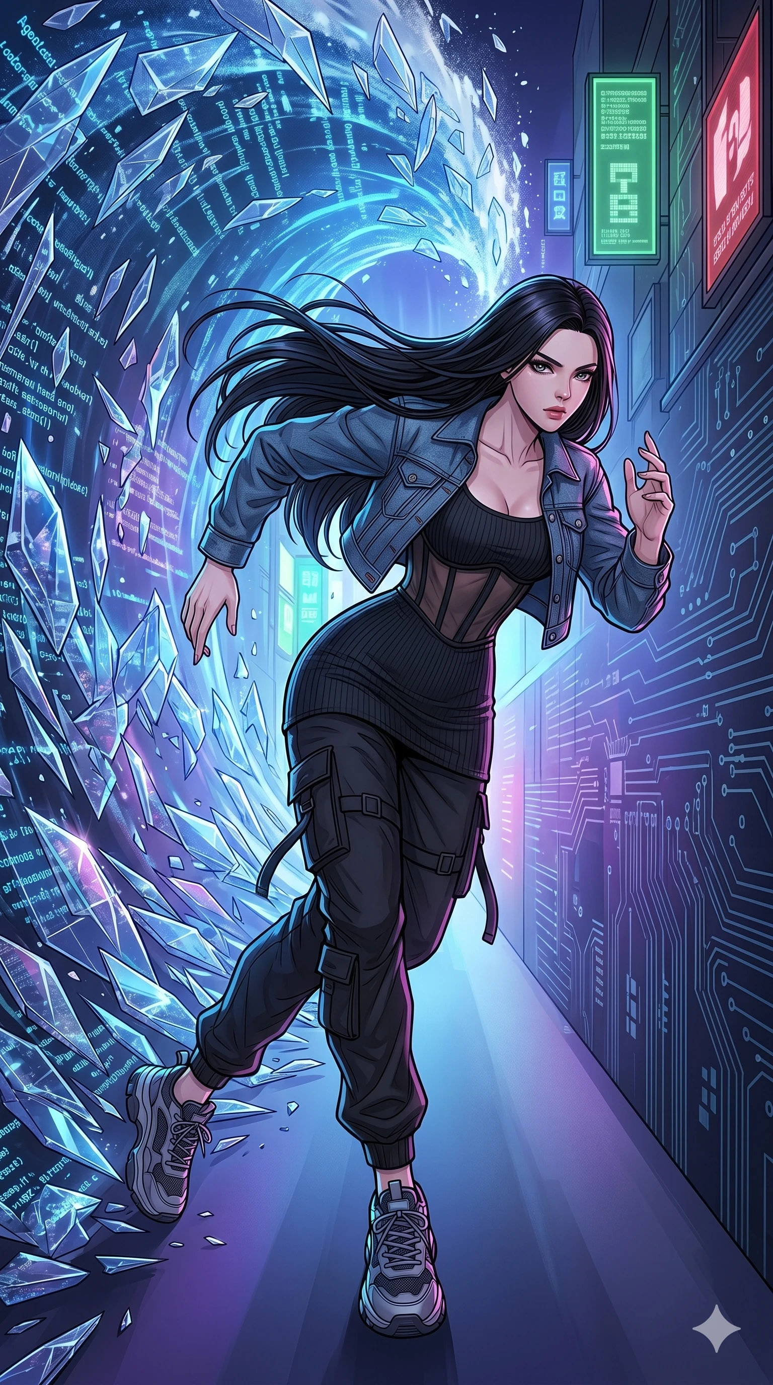 score_9, masterpiece, best quality, ultra-detailed, high-budget anime movie keyframe, cinematic anime lighting, intricate line art, Korean woman. Dynamic full-body shot stretching the vertical silhouette with extreme perspective. sprinting away from a massive tidal wave of data-shards. She has an absolutely perfect 8-heads proportion, an exceptionally tall and slender female figure with an ultra-slim waist and impossibly long slender legs. strictly human anatomy, two legs only, no extra limbs, clearly defined legs and arms, perfect anatomy, perfect hands and fingers. sharp v-shaped jawline, high-bridge nose, intricate jewel-like eyes, thick eyelashes, glossy lips. Wearing Urban Trendsetter: Ribbed bodycon dress, crop top with high-waist denim, and sheer corset with cargo pants. The scene is illuminated by dramatic atmospheric lighting and vibrant color palettes. , 2k, ultra detail, master piece, 9:16 ratio
