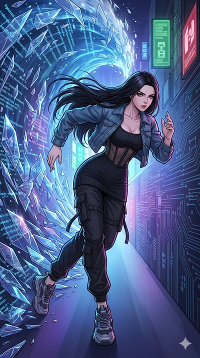 score_9, masterpiece, best quality, ultra-detailed, high-budget anime movie keyframe, cinematic anime lighting, intricate line art, Korean woman. Dynamic full-body shot stretching the vertical silhouette with extreme perspective. sprinting away from 