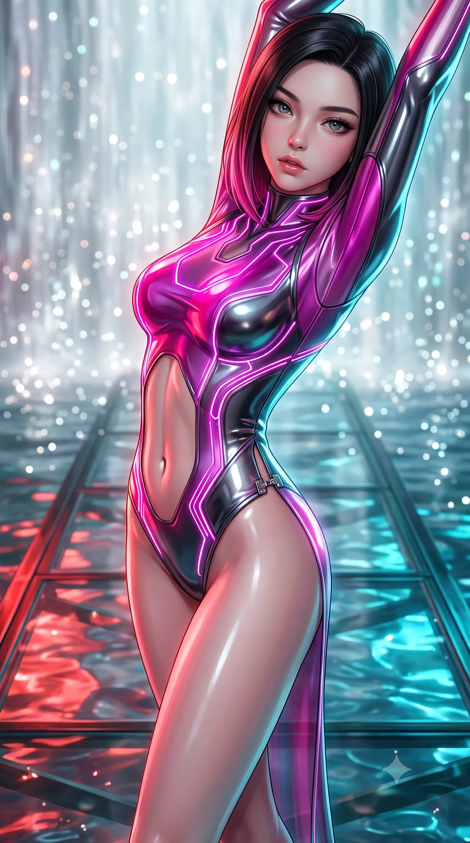 score_9, masterpiece, best quality, ultra-detailed, high-budget anime keyframe, semi-realistic 3D game render, editorial fashion photography, tasteful artistic composition, Korean woman. close-up cowboy shot from the waist and thighs up, the character dominates the composition, filling the frame with her large presence. looking into the camera lens with intense, captivating depth, softly parted glossy lips and thick eyelashes framing her ethereal gaze while arching her back in a fluid motion on a submerged glass walkway catching dramatic scarlet and cyan reflections. The composition keeps background elements in soft focus with creamy bokeh. sparkling water matrix light motes creating a soft, luminous background curtain. She has an exceptionally elegant, slender, and willowy female figure with an ultra-slim waist, a gracefully sculpted slender torso, toned flat midriff, and a refined slim silhouette. sharp v-shaped jawline, high-bridge nose, intricate jewel-like eyes with depth, thick eyelashes, glossy lips with a natural sheen, flawlessly proportioned anatomical accuracy, strict slender model proportions, natural body alignment, perfectly sculpted long slender limbs, ultra-slim waistline, clean dynamic posture without body distortion. wearing an aerodynamic sculpted liquid-chrome bodysuit with glowing neon fiber-optic circuitry and an elegant high-fashion cut in vibrant electric magenta and ultra-reflective dark titanium, crafted from delicate iridescent organza interwoven with luminescent micro-fibers, finished with an ultra-high side slit secured by miniature magnetic clasps, the glove-like aerodynamic second-skin fit tightly clinging to her ultra-slender waist and athletic curves without adding bulk, accentuating her razor-sharp statuesque lines and slim hourglass silhouette. illuminated by crisp specular highlights tracing her sculpted flat midriff, waist, and long slender legs. rich saturated anime colors with glowing neon highlights, detailed shading with soft gradients, rich glossy textures, high-contrast stereoscopic depth, volumetric dynamic lighting, master piece, 9:16 ratio