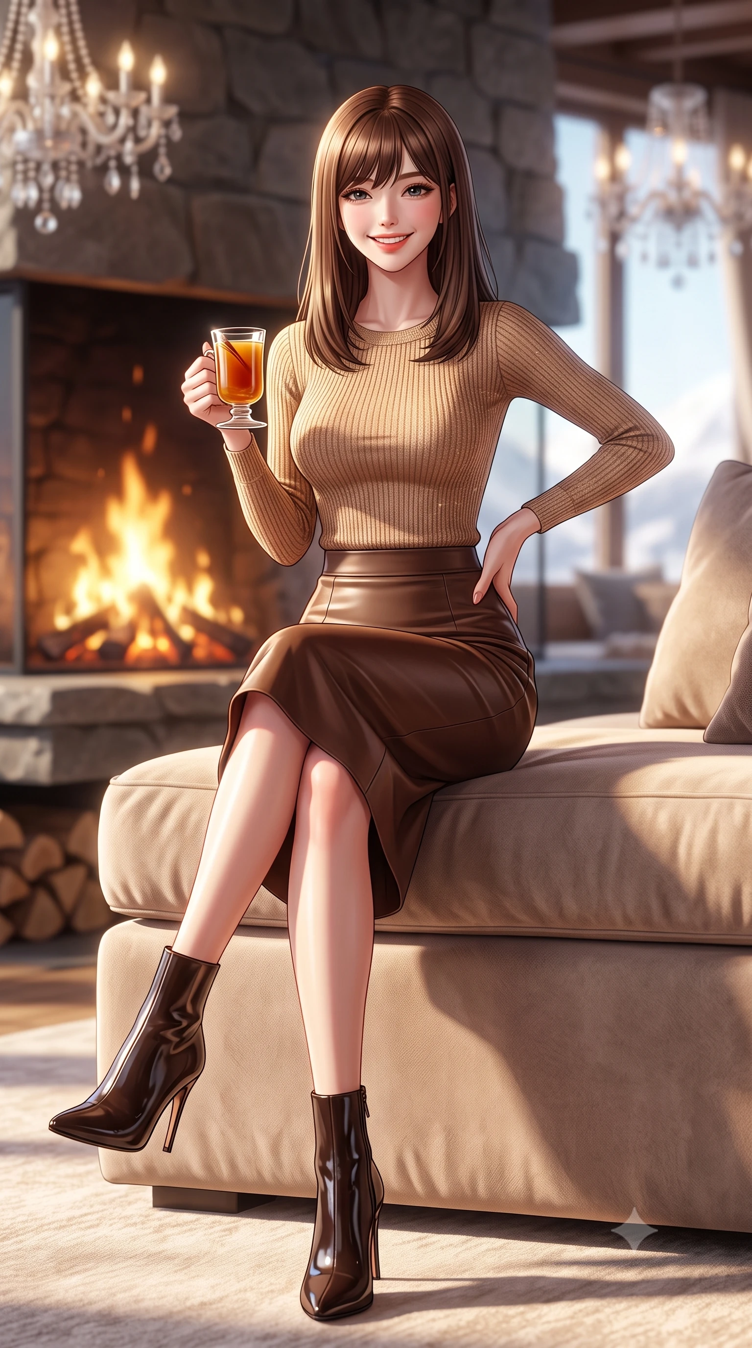 score_9, masterpiece, best quality, ultra-detailed, high-budget anime keyframe, semi-realistic 3D game render, editorial fashion photography, tasteful artistic composition, Korean woman. low angle full-body shot from head to toe showing her feet, filling the entire 9:16 vertical frame with her statuesque presence, stretching her vertical silhouette. standing tall and centered in the frame with one hand on her hip, radiating statuesque poise, an ultra-slim waist, and captivating allure while sitting gracefully on an oversized cashmere-upholstered banquette near the stone hearth, holding a glass of spiced cider with cozy luxury charm. The background shows a soft-focus crackling pinewood fire and crystal chandeliers softened in ultra-luxury Engadin winter sanctuary shallow focus. She has an exceptionally tall and slender model-like 8.5-heads proportion, an ultra-slim waist, a flat toned midriff, narrow delicate ribcage, and beautifully sculpted feminine hips creating a graceful, slim hourglass silhouette without any bulky heaviness, with impossibly long slender legs. sharp v-shaped jawline, high-bridge nose, intricate jewel-like sparkling eyes with depth, thick eyelashes, glossy parted lips with a natural peach sheen, bright cheerful beaming smile with an enchanting and coquettish sensual glint, exuding both youthful cute charm and seductive allure, flawlessly proportioned anatomical accuracy, strict slender model proportions, natural body alignment, perfectly sculpted long slender limbs, ultra-slim waistline, clean dynamic posture without body distortion. wearing a body-hugging French chic knit top paired with a form-contouring leather pencil midi skirt with a subtle walking vent in Saint-Germain camel wool and warm espresso, woven from stretch metallic lurex knit casting subtle luminous champagne glints across her contours, complemented by sleek patent leather stiletto ankle boots accentuating her long slender calves, the snug waist-cinching tailoring accentuating her ultra-slim waistline and the enchanting curve of her feminine hips with alluring seductive charm. bathed in the dramatic high-altitude Swiss mountain sunlight streaming through panoramic windows mixed with golden hearth firelight. highly saturated vibrant anime colors, detailed shading with soft gradients, rich glossy textures, high-contrast stereoscopic depth, volumetric dynamic lighting, master piece, 9:16 ratio