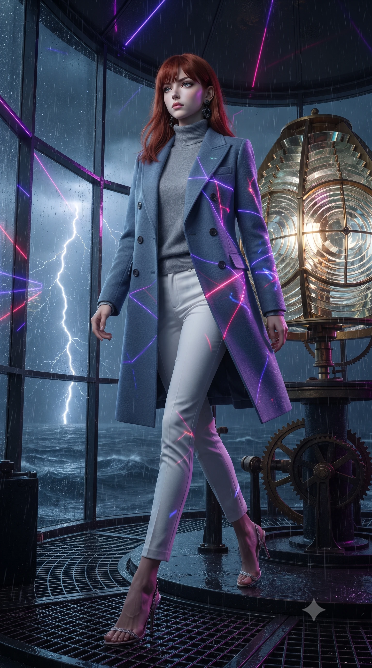 score_9, masterpiece, best quality, ultra-detailed, high-budget anime keyframe, editorial fashion photography, tasteful artistic composition, Caucasian woman, strictly human ears. low angle full-body shot from head to toe showing her feet, filling the entire 9:16 vertical frame with her statuesque presence, stretching her vertical silhouette. stepping elegantly through inside the glass lantern room at the top of a lighthouse during a fierce storm with the massive Fresnel lens rotating slowly rain streaming down every glass panel and lightning illuminating churning seas below. She has a statuesque 8.5-heads proportion, an exceptionally tall, slender and willowy model-like build with impossibly long legs and a highly sculpted ultra-slim waist. sharp v-shaped jawline, high-bridge nose, intricate jewel-like eyes with depth, thick eyelashes, glossy lips with a natural sheen. wearing a structured double-breasted coat in slate blue over a soft grey cashmere sweater and white slim trousers. laser lines of violet and hot pink reflecting off surfaces casting geometric neon highlights. 2k, ultra detail, master piece, 9:16 ratio