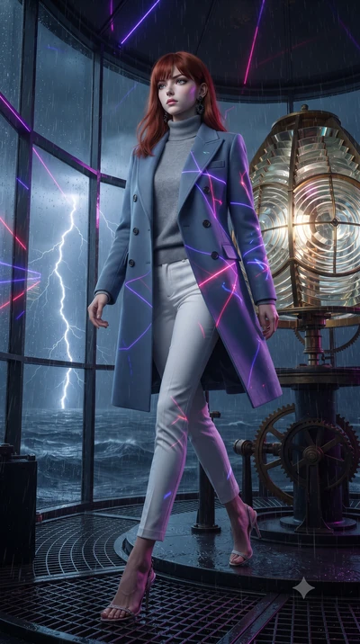 score_9, masterpiece, best quality, ultra-detailed, high-budget anime keyframe, editorial fashion photography, tasteful artistic composition, Caucasian woman, strictly human ears. low angle full-body shot from head to toe showing her feet, filling th