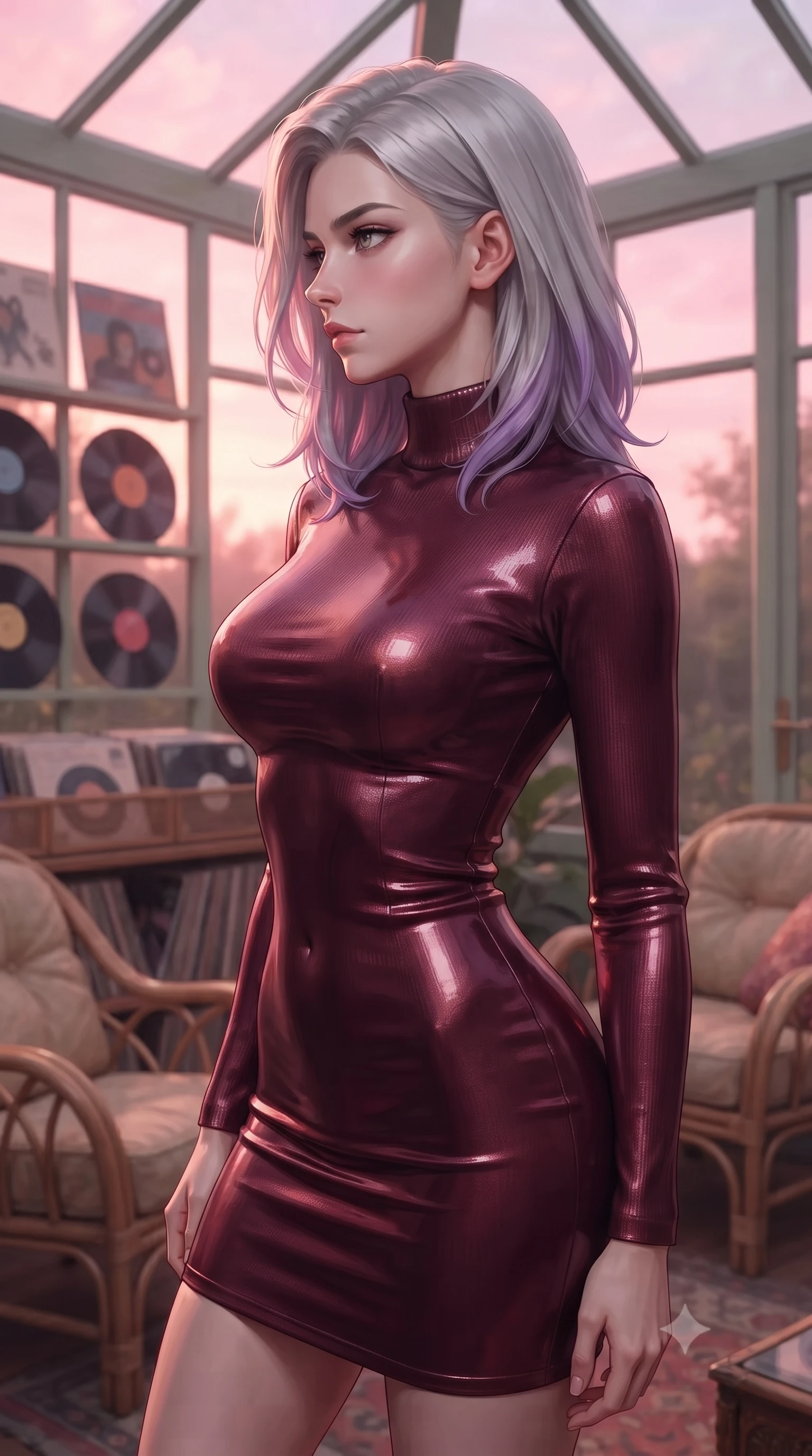 score_9, masterpiece, best quality, ultra-detailed, high-budget anime keyframe, editorial fashion photography, tasteful artistic composition, Caucasian woman. close-up cowboy shot from the waist and thighs up, the character dominates the composition, filling the frame with her large presence, background elements kept in soft focus. turning her face in sharp profile, casting a cold, mysterious, yet intensely alluring side gaze, the background shows a soft-focus a glass-walled sunroom filled with vintage records and comfortable rattan chairs. She has an exceptionally elegant, slender, and willowy female figure with an ultra-slim waist, a gracefully sculpted slender torso, and a refined silhouette. sharp v-shaped jawline, high-bridge nose, intricate jewel-like eyes with depth, thick eyelashes, glossy lips with a natural sheen. wearing a tailored form-contouring bodycon sweater dress in deep burgundy, featuring a snug mock-neck. soft pink and amber sunset glow painting the room in a romantic wash. ultra-reflective glossy finish, specular highlights, metallic sheen, high-contrast stereoscopic depth, volumetric dynamic lighting, 2k, ultra detail, master piece, 9:16 ratio