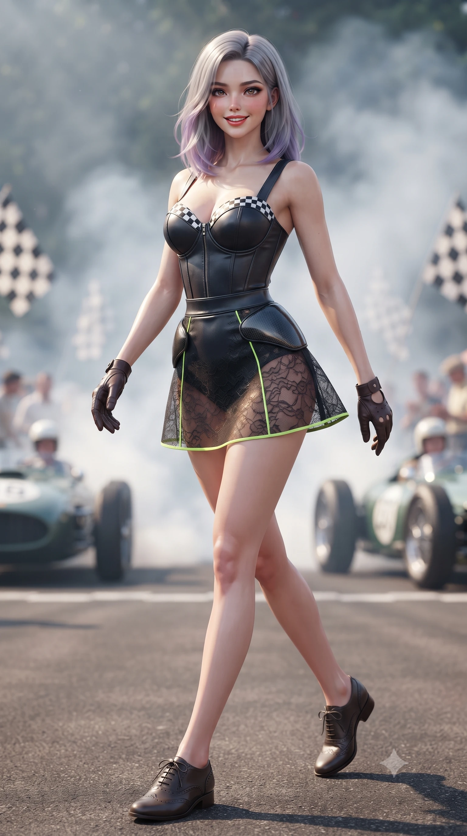 score_9, masterpiece, best quality, ultra-detailed, high-budget anime keyframe, editorial fashion photography, tasteful artistic composition, Caucasian woman. low angle full-body shot from head to toe showing her feet, filling the entire 9:16 vertical frame with her statuesque presence, stretching her vertical silhouette. stepping forward gracefully across the paddock tarmac in mid-motion with a radiant beaming smile, hips swaying in an alluring kinetic rhythm that accentuates her curvy hourglass silhouette and long slender legs while sitting perched on the wooden tire wall of the historic motor circuit, arching her lower back with a radiant, playful retro smile and leather driving gloves. The background shows a soft-focus drifting castor oil smoke and checkered flags softened in nostalgic 1950s motorsport shallow focus. She has an absolutely perfect, statuesque 8.5-heads proportion, an exceptionally tall and slender model-like female figure with impossibly long slender legs, an ultra-slim waist, a flat toned midriff, narrow delicate ribcage, and beautifully sculpted feminine hips creating a graceful, slim hourglass silhouette without any bulky heaviness. sharp v-shaped jawline, high-bridge nose, sparkling eyes with athletic focus and depth, thick curled eyelashes, glossy parted lips with a natural coral-peach sheen, bright confident and coquettish smile with alluring bedroom-eyes, exuding both youthful sporty vigor and sovereign high-society glamour, flawlessly proportioned anatomical accuracy, strict slender model proportions, natural body alignment, perfectly sculpted long slender limbs, ultra-slim waistline, clean dynamic posture without body distortion. wearing a chic leather bustier top with checkered flag trim paired with an ultra-short A-line tennis skirt in deep midnight carbon and luminous lime green piping, crafted from sheer delicate stretch lace reinforced with technical sport threads, accented with sleek aerodynamic carbon-fiber hip pads framing her narrow waist, the form-contouring athletic cut accentuating her sculpted flat midriff, narrow delicate ribcage, and gracefully curvy hips with supermodel precision. illuminated by polished aluminum car reflections and sharp golden rim lights sculpting her razor-sharp jawline, narrow waist, and curvy hips. ultra-reflective glossy finish, specular highlights, rich textural contrasts, high-contrast stereoscopic depth, volumetric dynamic lighting, 2k, ultra detail, master piece, 9:16 ratio
