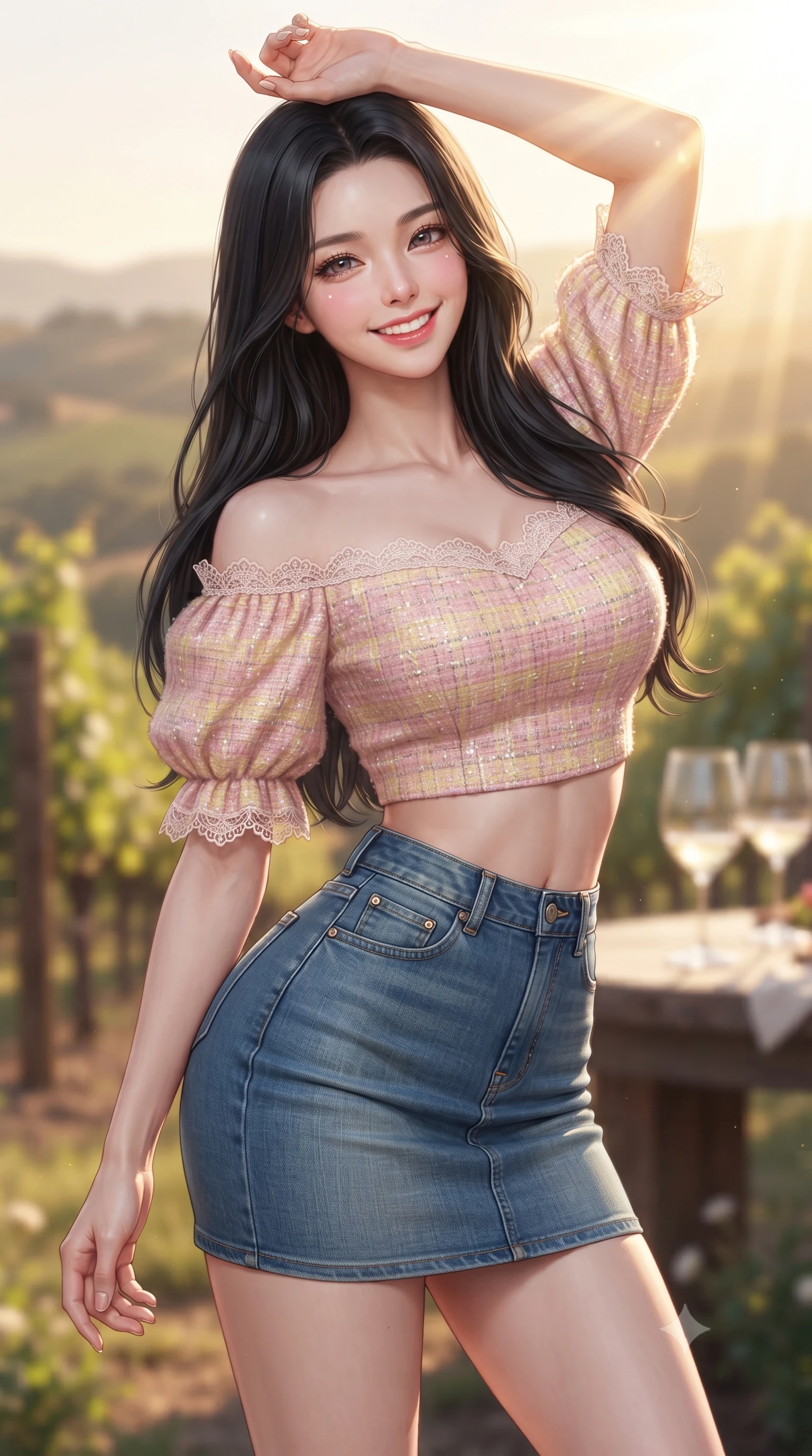 score_9, masterpiece, best quality, ultra-detailed, high-budget anime keyframe, editorial fashion photography, tasteful artistic composition, Korean woman. close-up cowboy shot from the waist and thighs up, the character dominates the composition, filling the frame with her large presence. playfully stretching one arm overhead toward the sun, her radiant smile capturing fresh girlhood charm while her arched torso reveals an intoxicating hip contour while twisting her slender torso in an alluring S-curve in the evening breeze as golden rays stretch endlessly across the Napa valley. The composition keeps background elements in soft focus with dreamy creamy bokeh. grapevine pergolas and crystal wine glasses softened in relaxed Californian wine country shallow focus. She has an exceptionally elegant, slender, and willowy female figure with an ultra-slim waist, flat toned midriff, narrow ribcage, and sculpted feminine hips creating an alluring, slim hourglass silhouette without bulk. sharp v-shaped jawline, high-bridge nose, intricate jewel-like sparkling eyes with depth, thick eyelashes, glossy parted lips with a natural peach sheen, bright cheerful beaming smile with an enchanting and coquettish sensual glint, exuding both youthful cute charm and seductive allure, flawlessly proportioned anatomical accuracy, strict slender model proportions, natural body alignment, perfectly sculpted long slender limbs, ultra-slim waistline, clean dynamic posture without body distortion. wearing an off-shoulder puff-sleeve crop blouse with a tight high-waisted denim A-line mini skirt emphasizing her curvy hips in sweet strawberry milk pink and butter yellow, tailored from soft pastel tweed with subtle metallic shimmer, finished with delicate lace scallop edging along the neckline, the form-fitting cut adhering flawlessly to her sculpted flat midriff and slender torso, emphasizing her long leg lines and perfectly proportioned willowy build. bathed in breathtaking golden hour California sunset backlighting streaming across rolling vineyard hills. ultra-reflective glossy finish, specular highlights, rich textural contrasts, high-contrast stereoscopic depth, volumetric dynamic lighting, 2k, ultra detail, master piece, 9:16 ratio